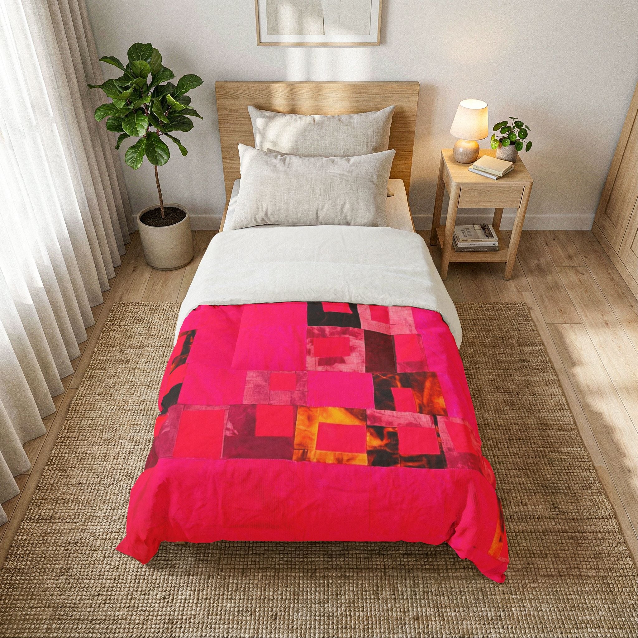 "Lela Lela" Vivid Pink Abstract Cotton Comforter – Modern Geometric Quilt for Bedroom