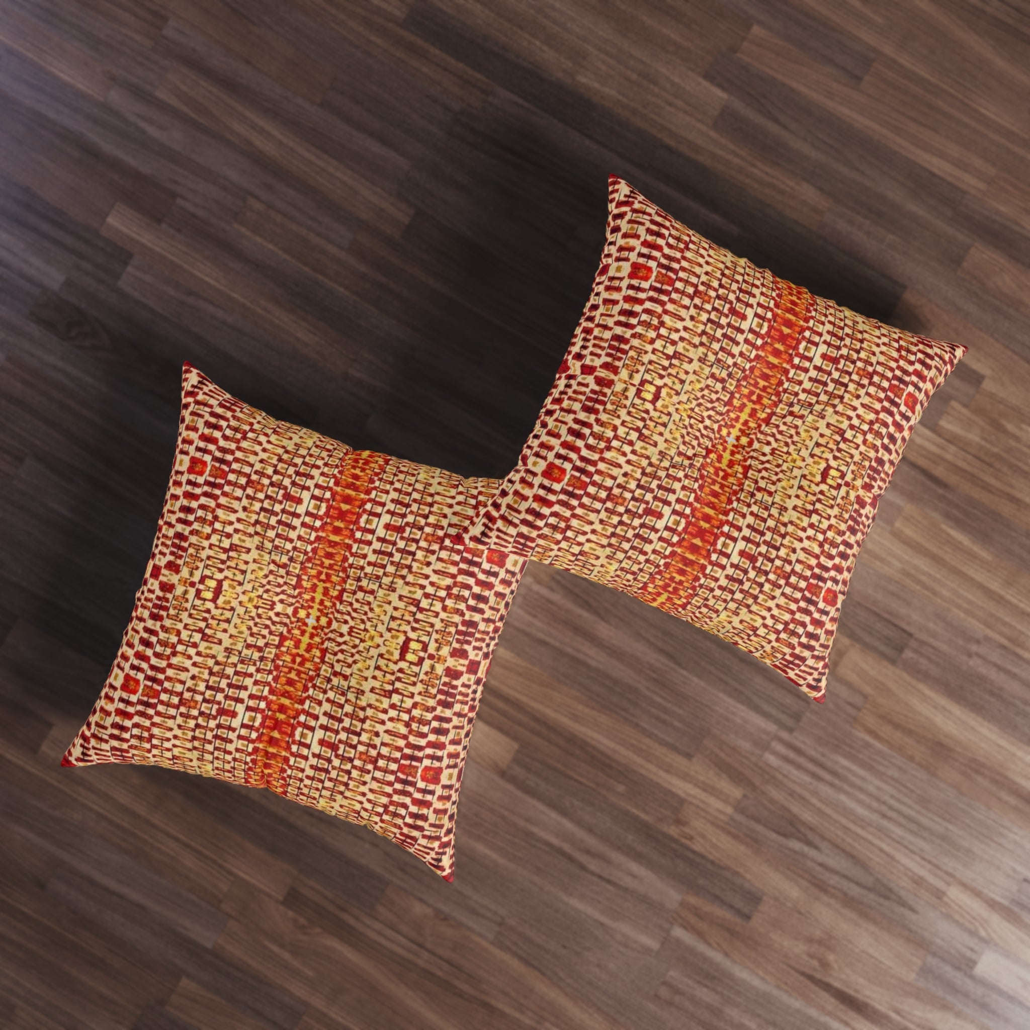 "Queen Mother" Gold and Bronze Boho Woven Stripe Tufted Floor Pillow — Warm Rust & Gold Square Cushion