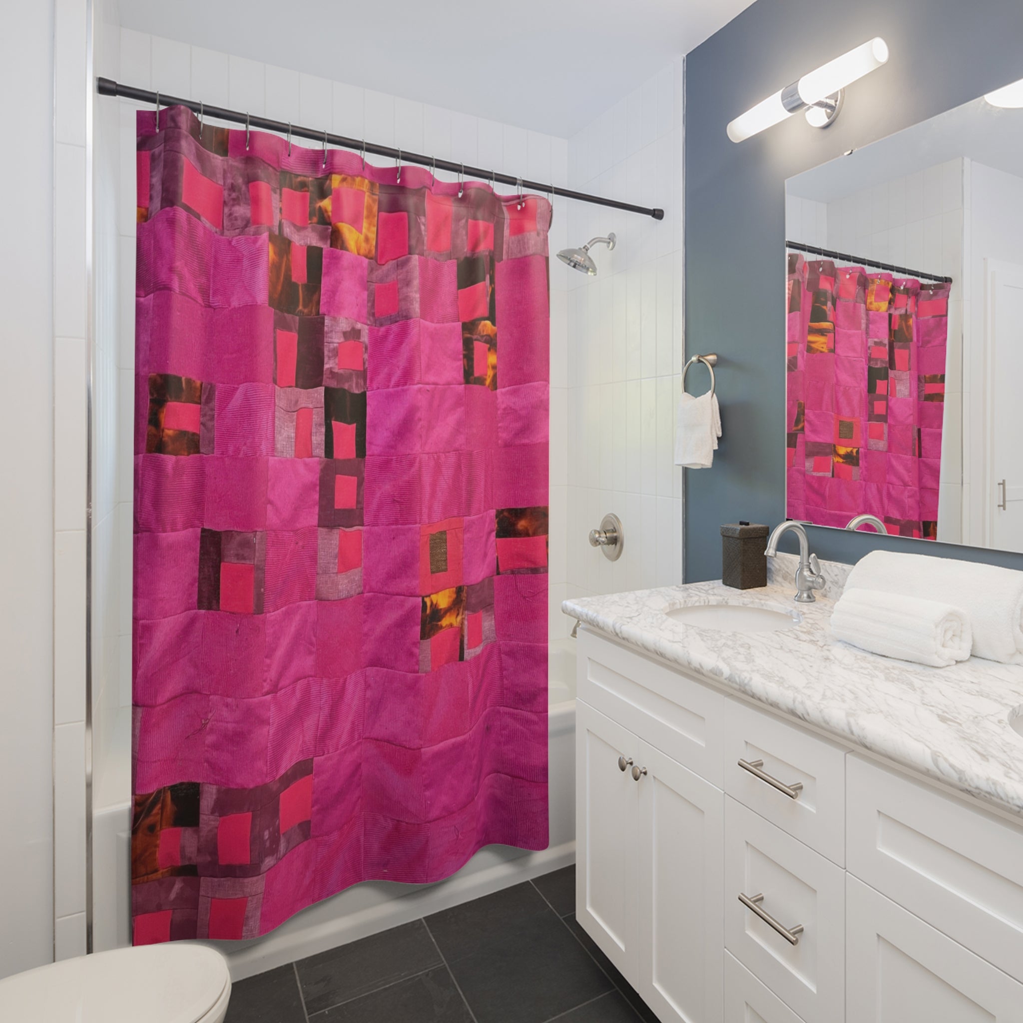 "Lela" Modern Pink Mosaic Shower Curtain — Abstract Geometric Bathroom Decor