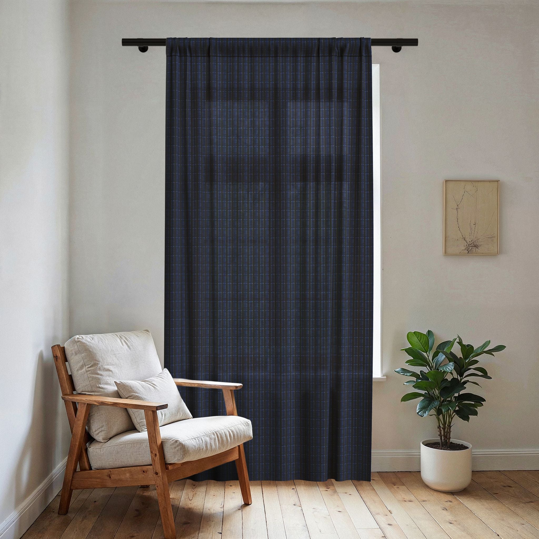 "Mississippi Midnight: Lovely Banjo Blues" Navy Blue and Black Plaid Sheer Window Curtain - Lightweight Semi-Sheer Drapery Panel