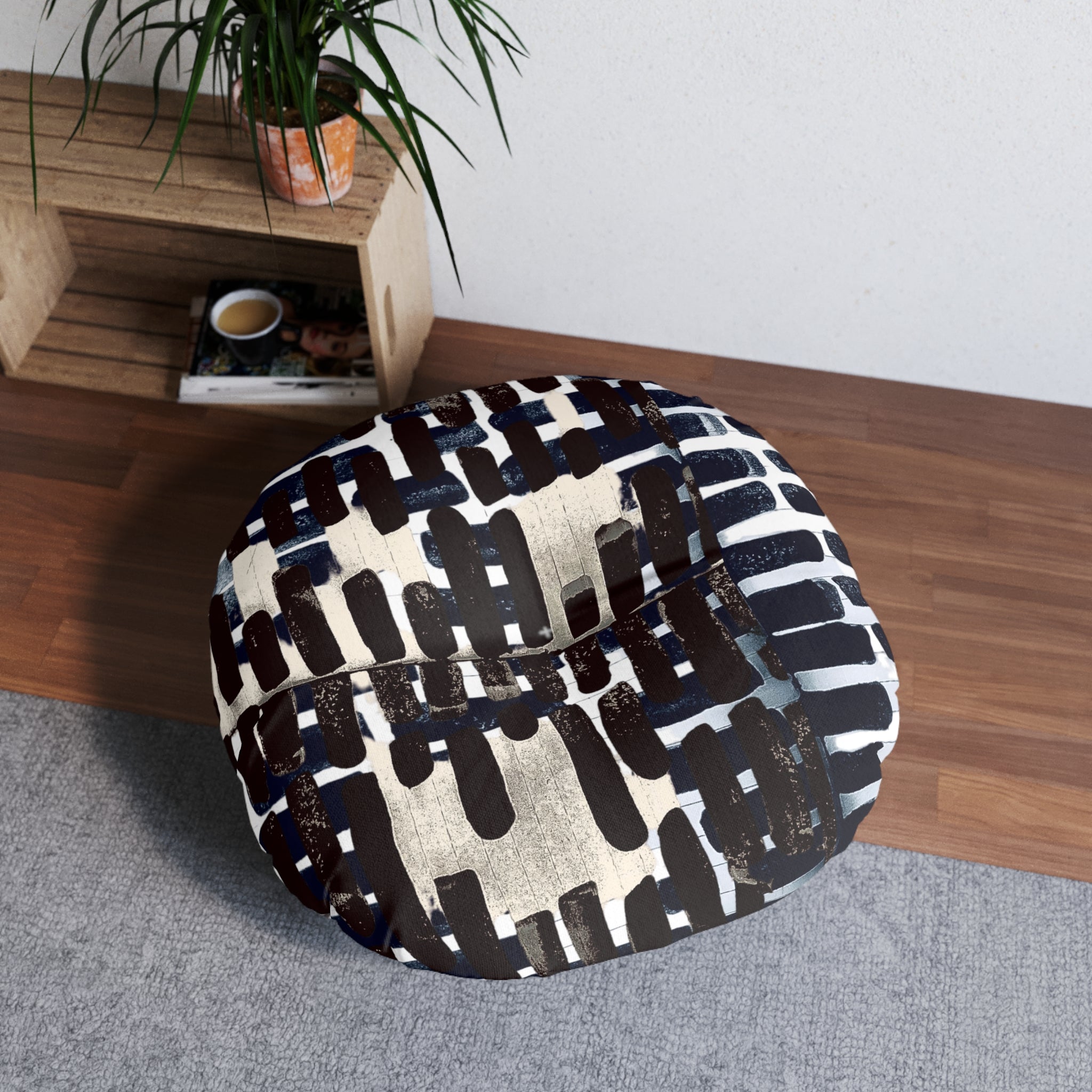 "Only My Notebook Knows How I Feel, My Heart Is On Every Page" Abstract Brushstroke Round Tufted Floor Pillow — Modern Black & White Boho Cushion