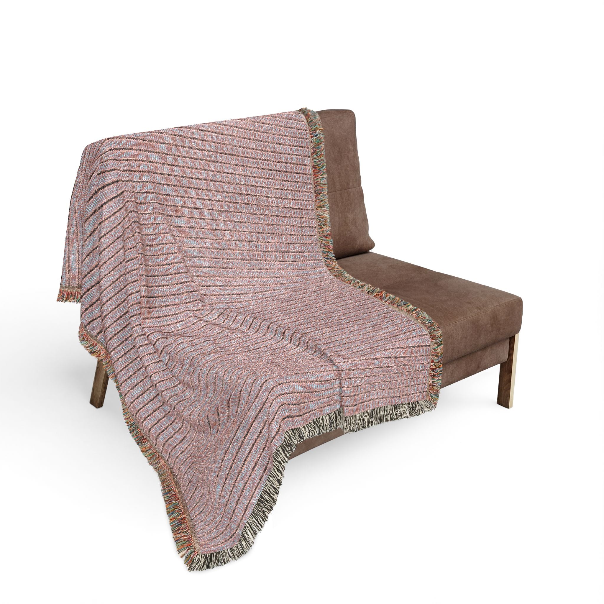 "The Nike of Samothrace" Coral, Grey, Blue Striped Woven Throw Blanket — Cozy Fringe Accent for Living Room & Bedroom