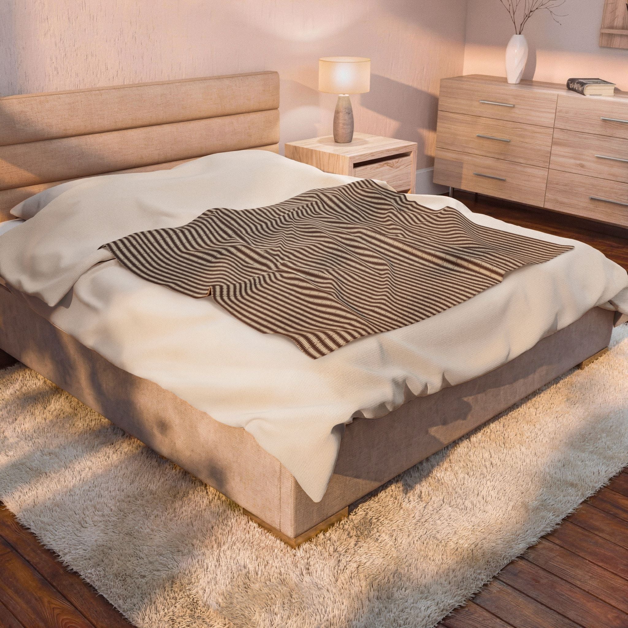 "Mississippi Morning" Brown and Beige Plush Velveteen Throw Blanket — Cozy Striped Neutral Home Blanket