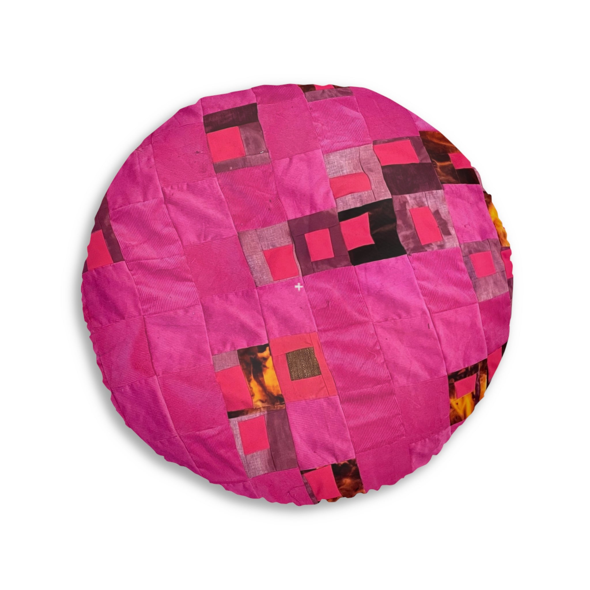 "Lela" Pink Geometric Tufted Floor Pillow — Round Patchwork Accent Cushion