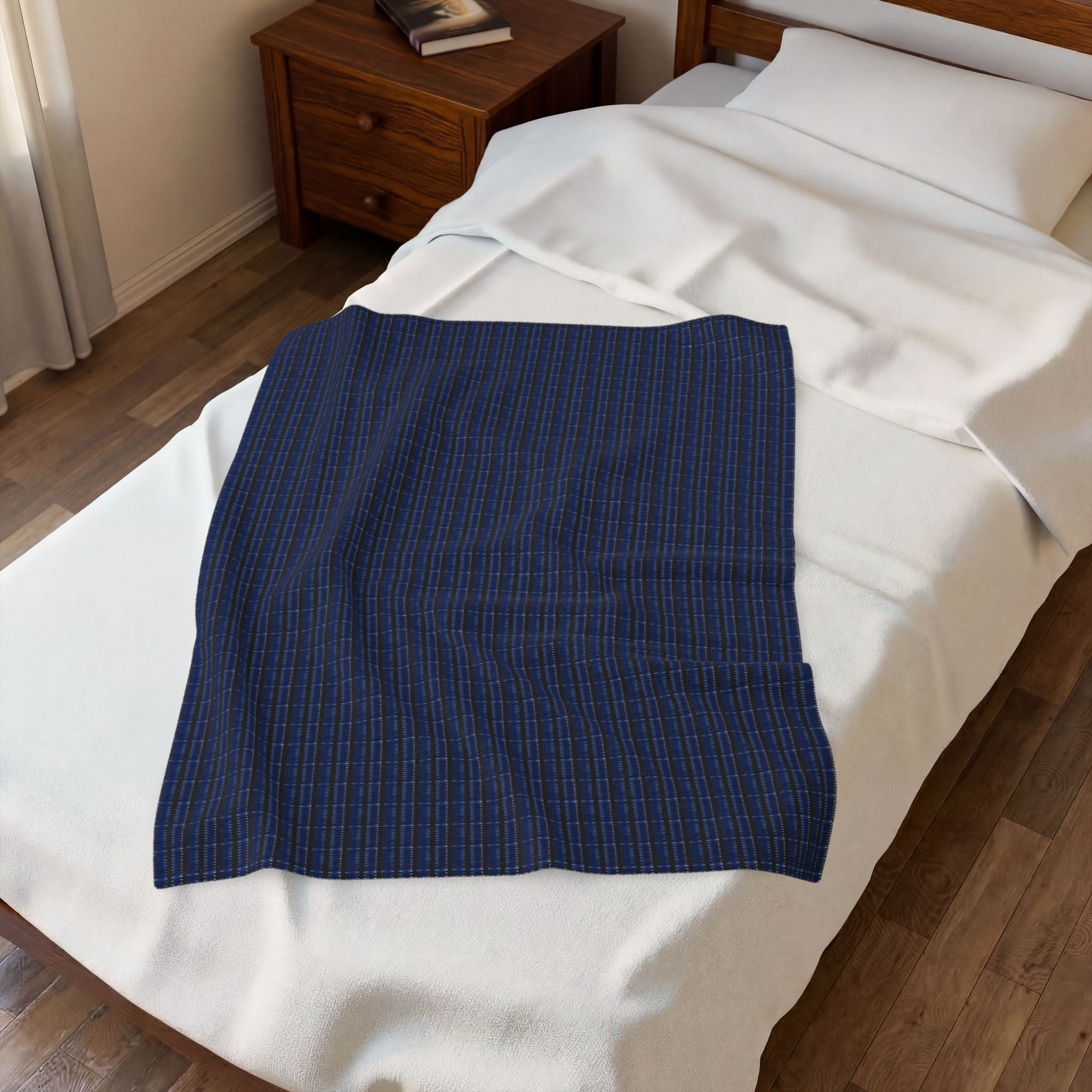 "Mississippi Midnight" Plush Blanket — Navy Blue and Black Textile Pattern Windowpane Plaid Velveteen Throw