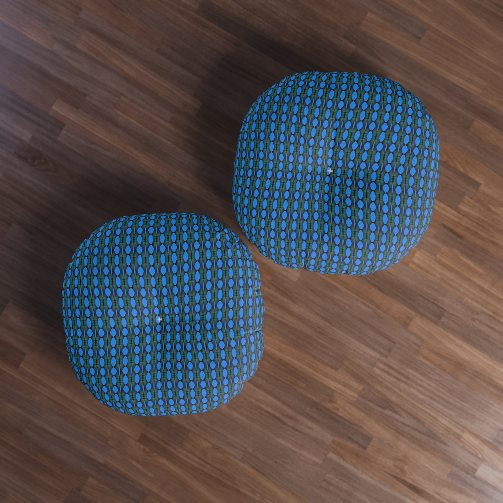"Where Are We Going?" Round Tufted Floor Pillow — Blue Retro Dot Pattern, Cozy Boho Seating Cushion