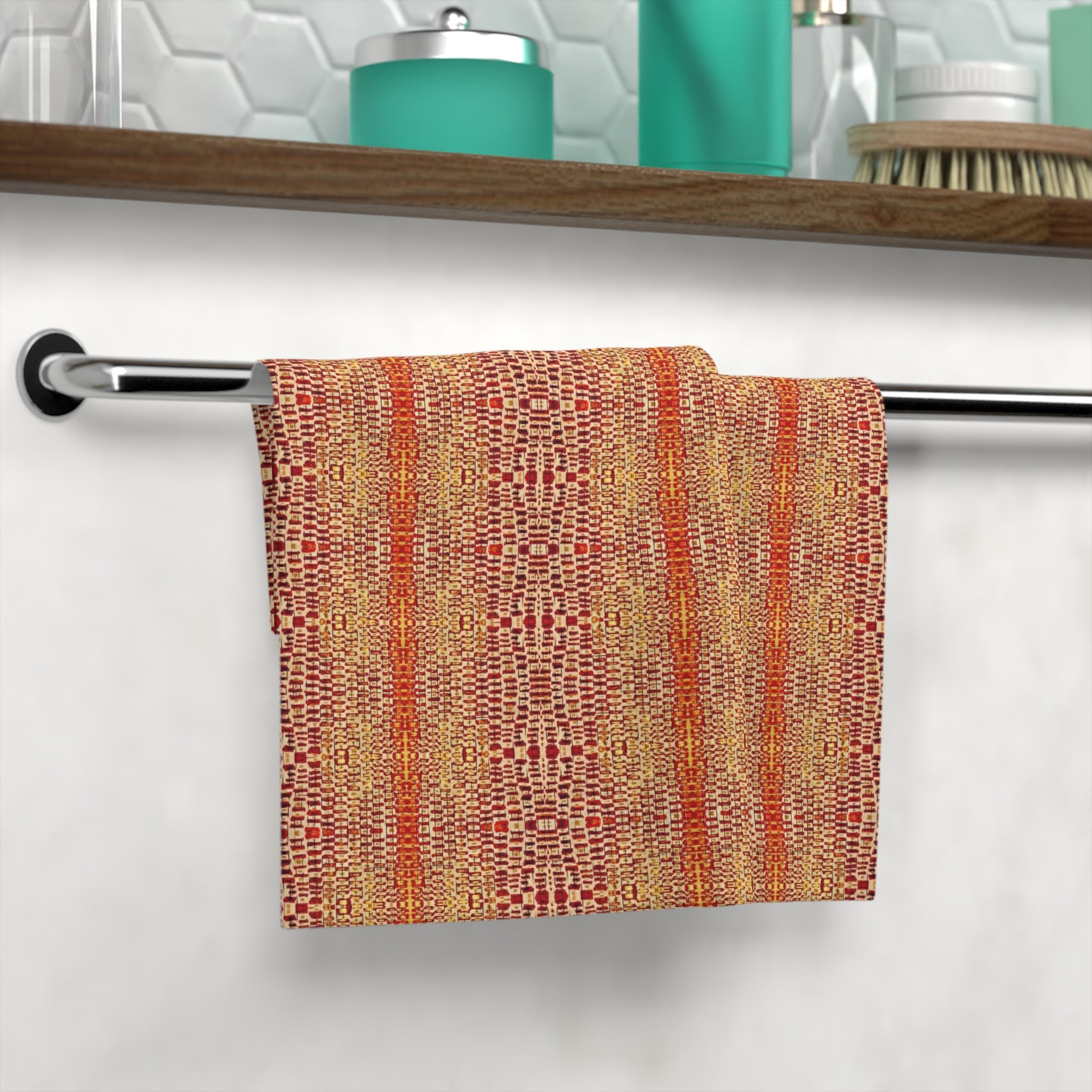 "Queen Mother" Autumn Woven Stripe Face Towel — Rustic Orange & Gold Patterned Hand Towel