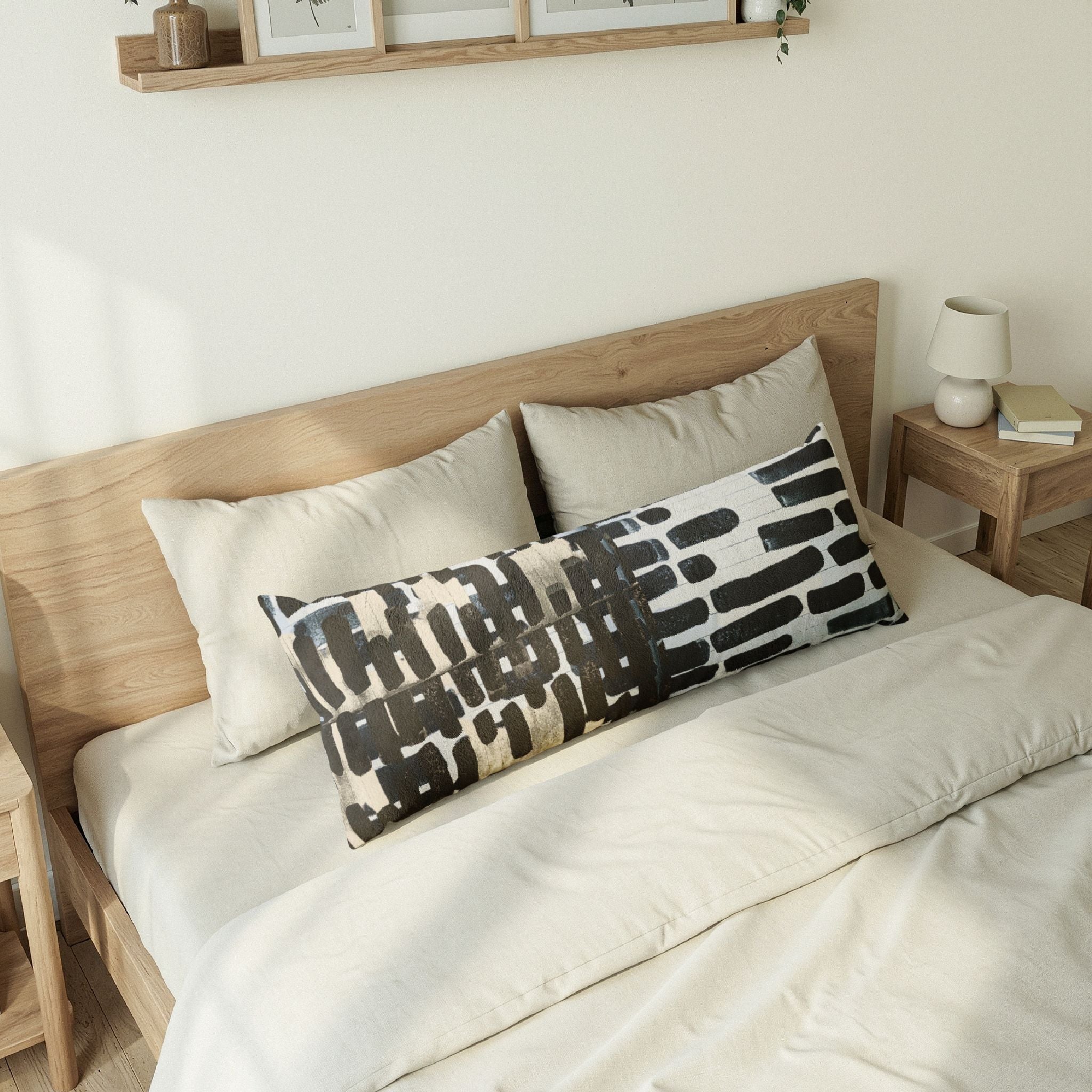 "Only My Notebook Knows How I Feel, My Heart Is On Every Page" Body Pillow — Abstract Black Brushstroke Pattern Lumbar Pillow