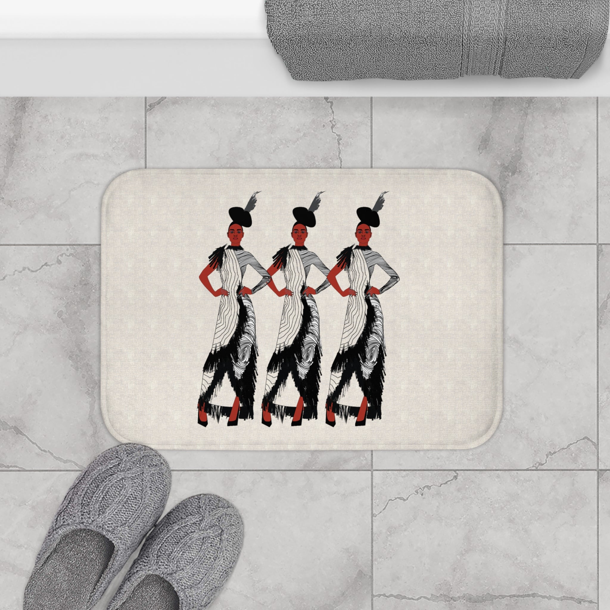 "Fierce Honey" Art Deco Fashion Bath Mat — Triple Silhouette Black & White Statement