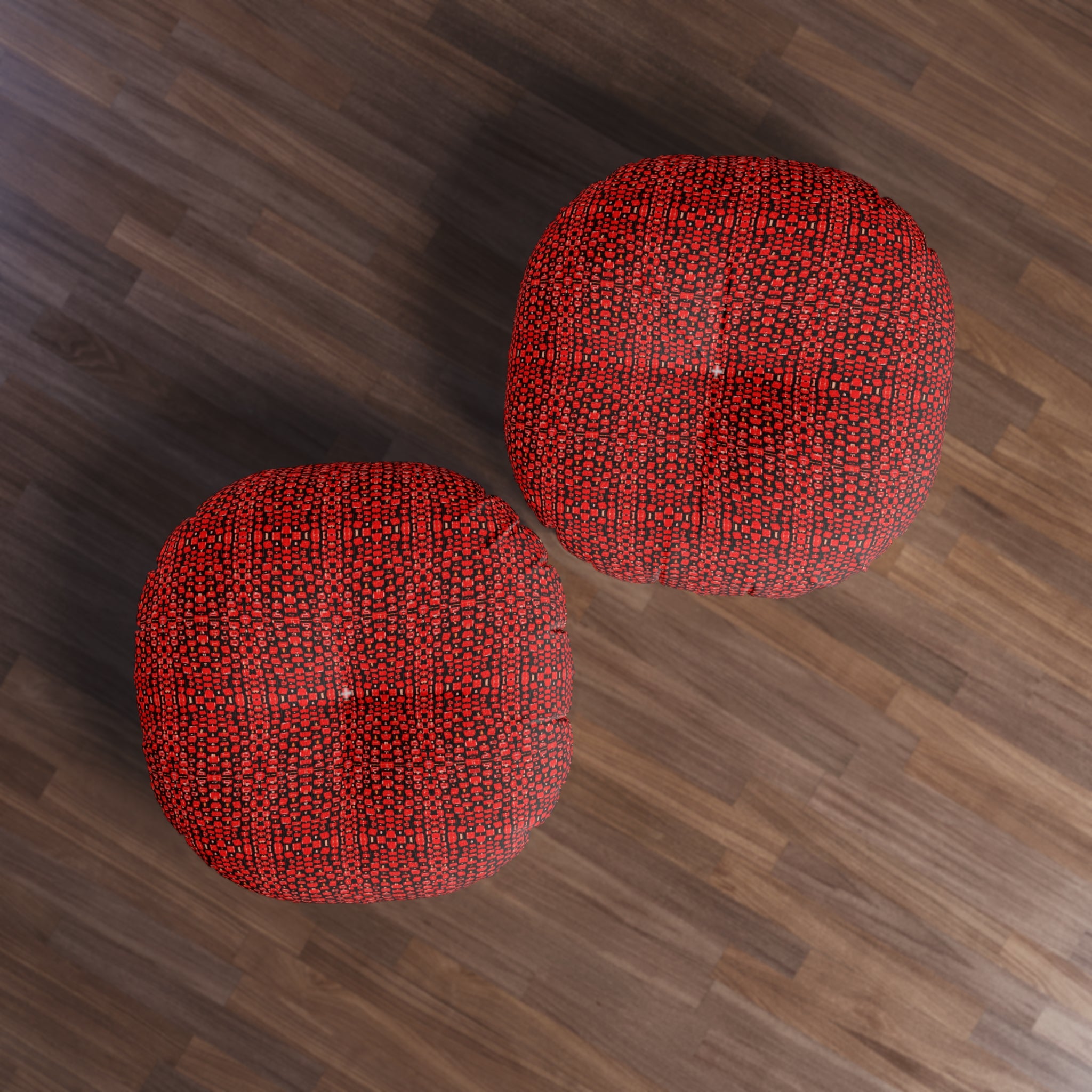 "Japanese Cherry Blossom" Red Woven Round Tufted Floor Pillow — Cozy Boho Accent Cushion