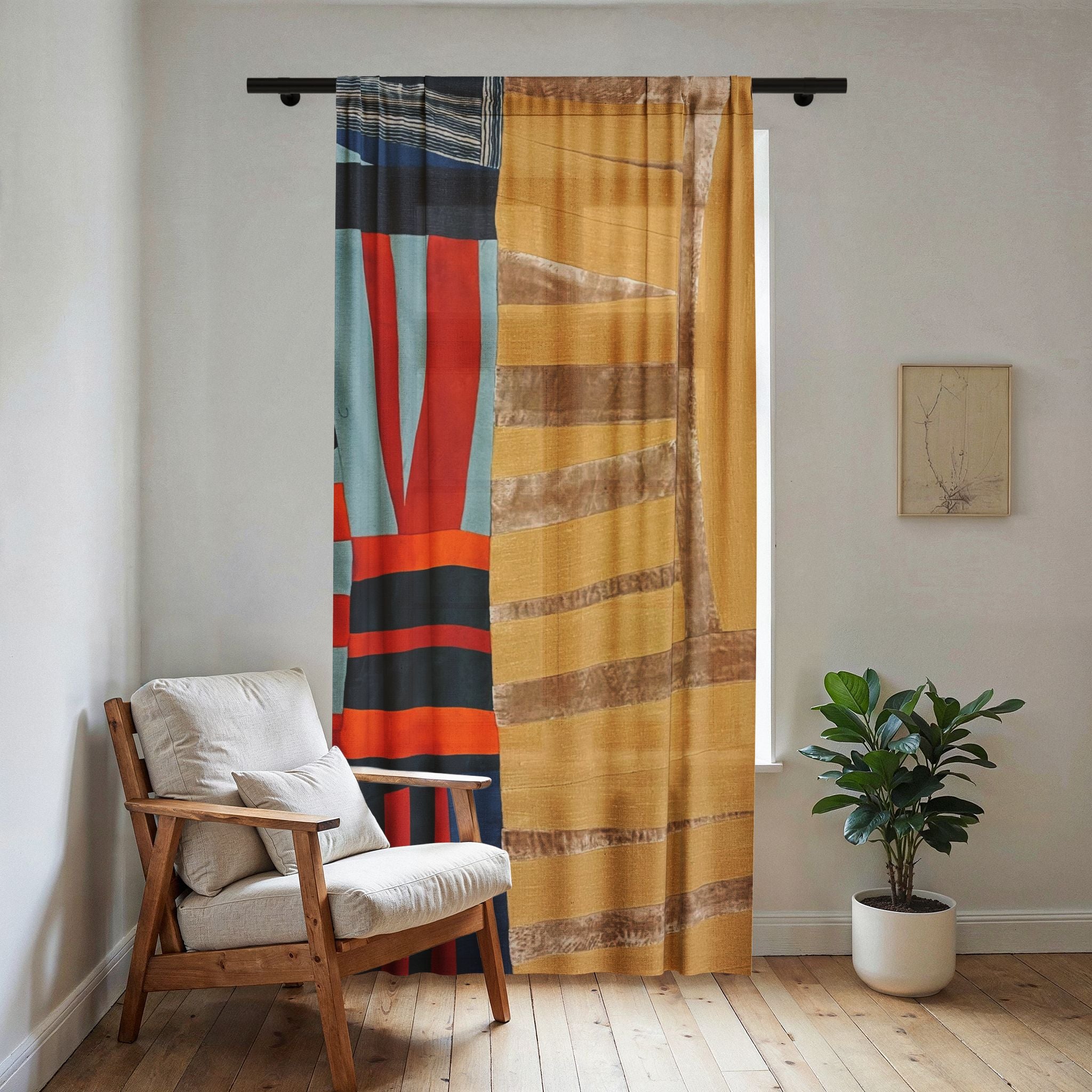 "Hannah and Samuel" Sheer Curtain - Yellow, Blue, and Red Orange Abstract Geometric Window Panel in Mustard, Navy & Coral