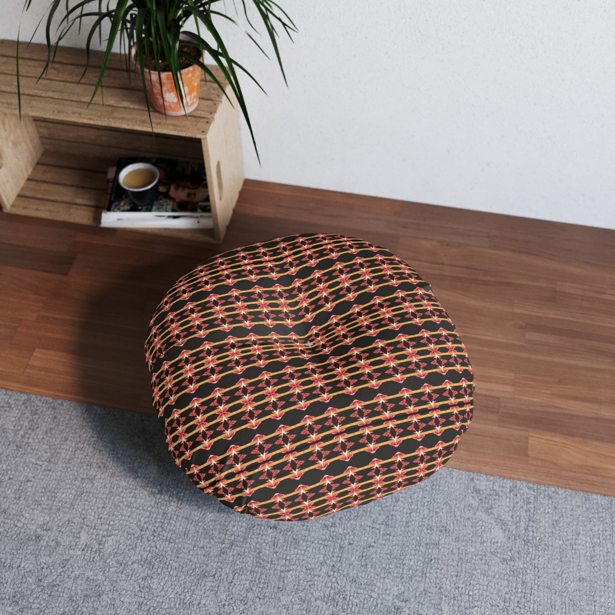 "Native America Now" Round Tufted Floor Pillow — Boho Retro Geometric Pattern