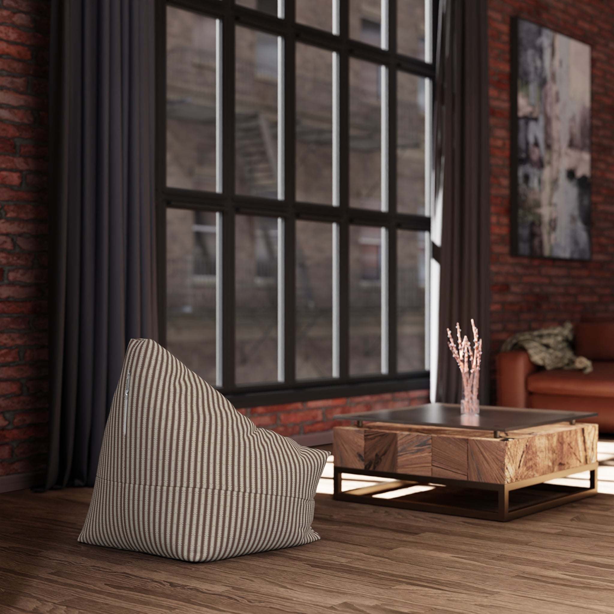 "Mississippi Morning" Burnt Umber Brown, Beige, Zig Zags, Striped Taupe Bean Bag Chair Cover — Modern Cozy Living Room Accent