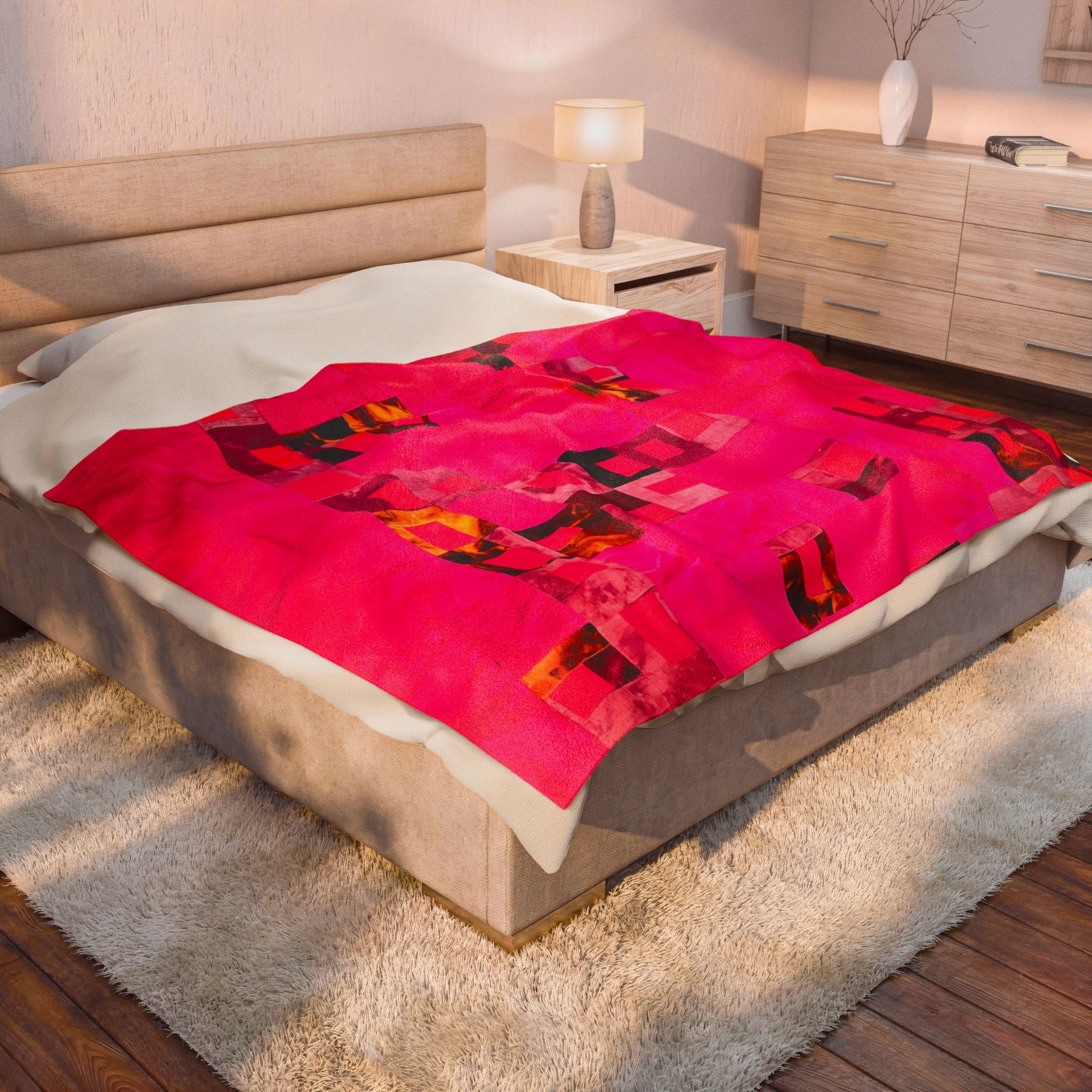 "Lela Lela" Block Quilt Pattern Plush Blanket - Vibrant Pink Abstract Patchwork Velveteen Throw