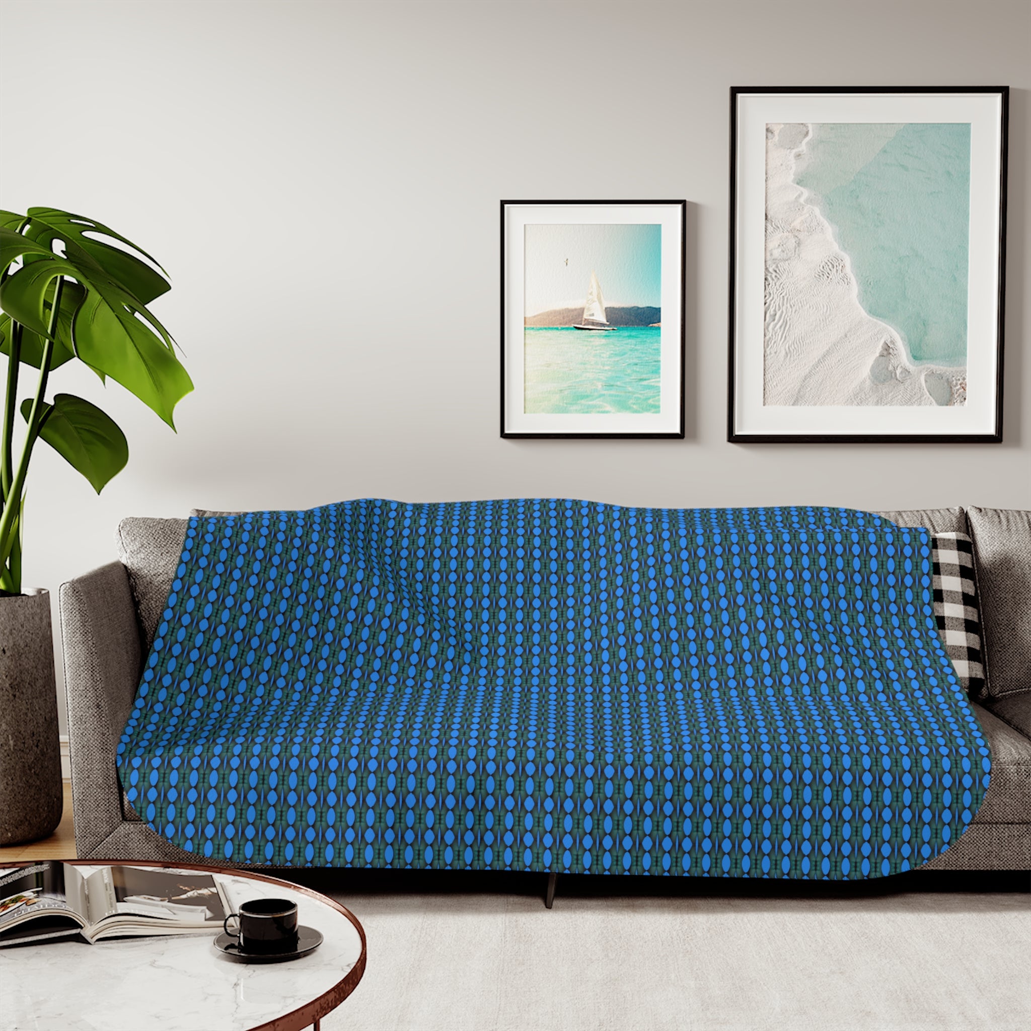 "Where Are We Going?" Cozy Reversible Sherpa Blanket — Blue Grid Print with Cream Plush Back