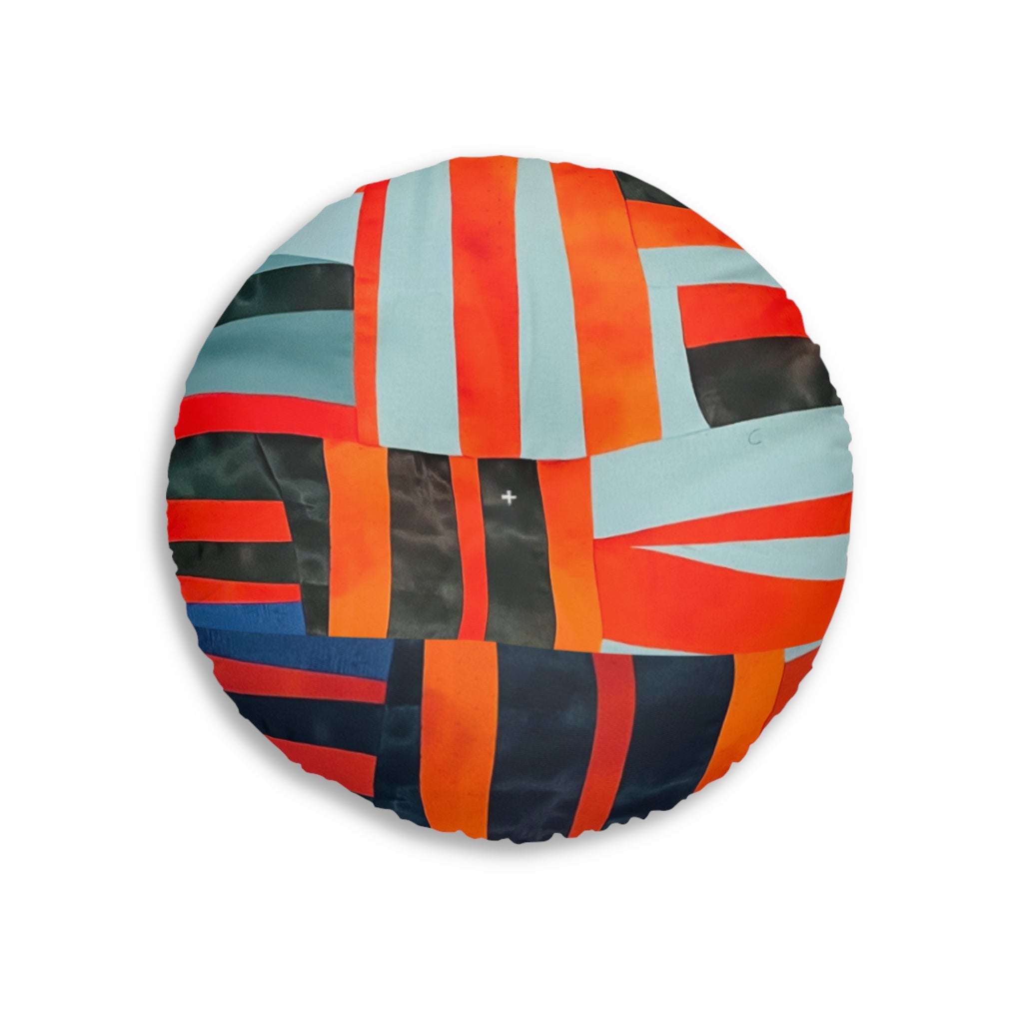 “Samuel” Round Tufted Floor Pillow — Geometric Red & Teal Tribal Pattern