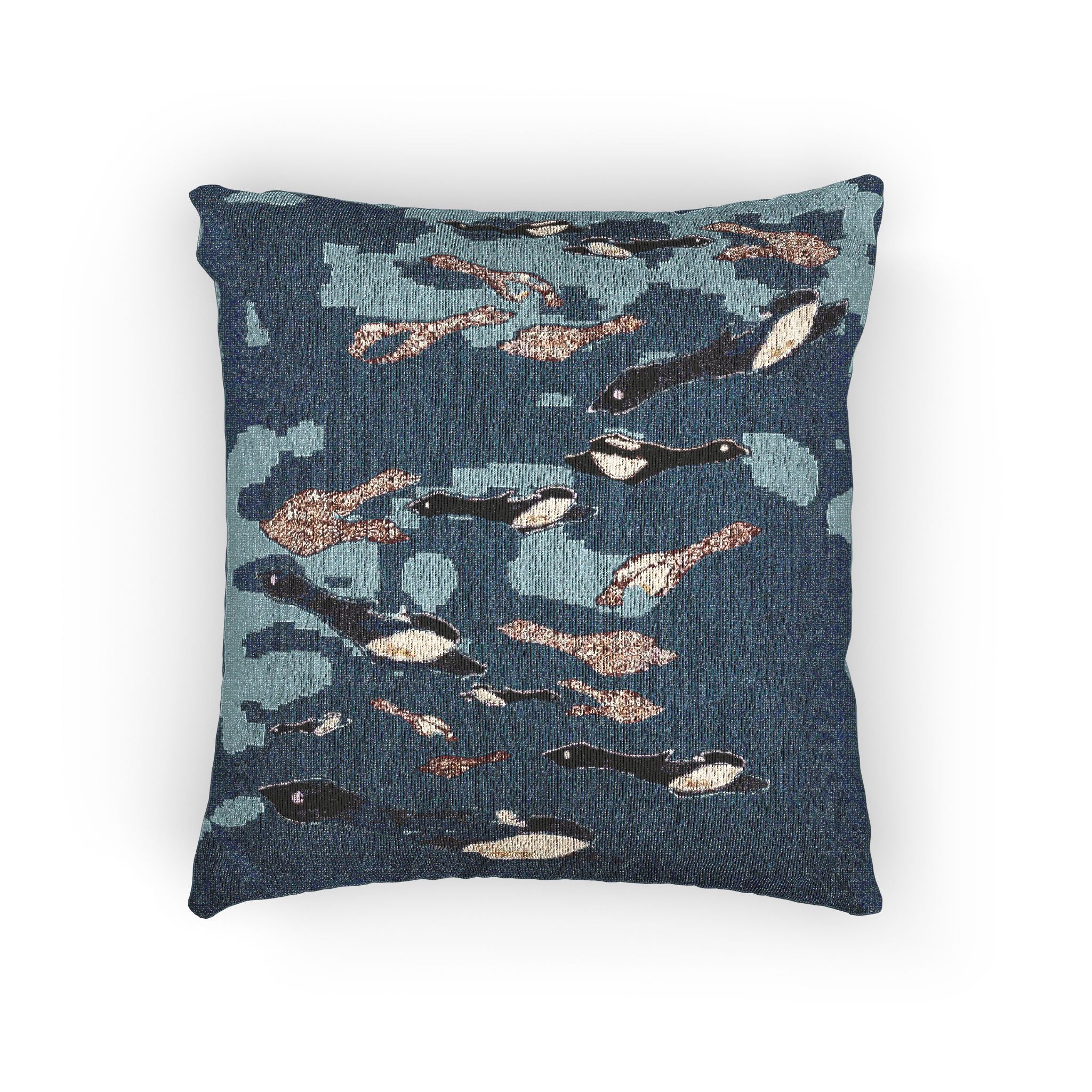 "Fly Me to the Moon" Woven Pillow — Abstract Bird Textile Decorative Pillow (Blue Textured Tapestry)