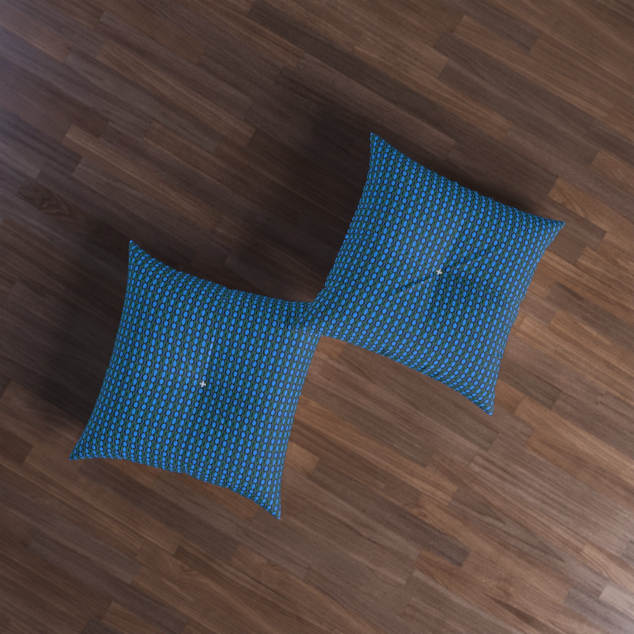 "Where Are We Going?" Blue Geometric Tufted Floor Pillow — Modern Square Accent Cushion