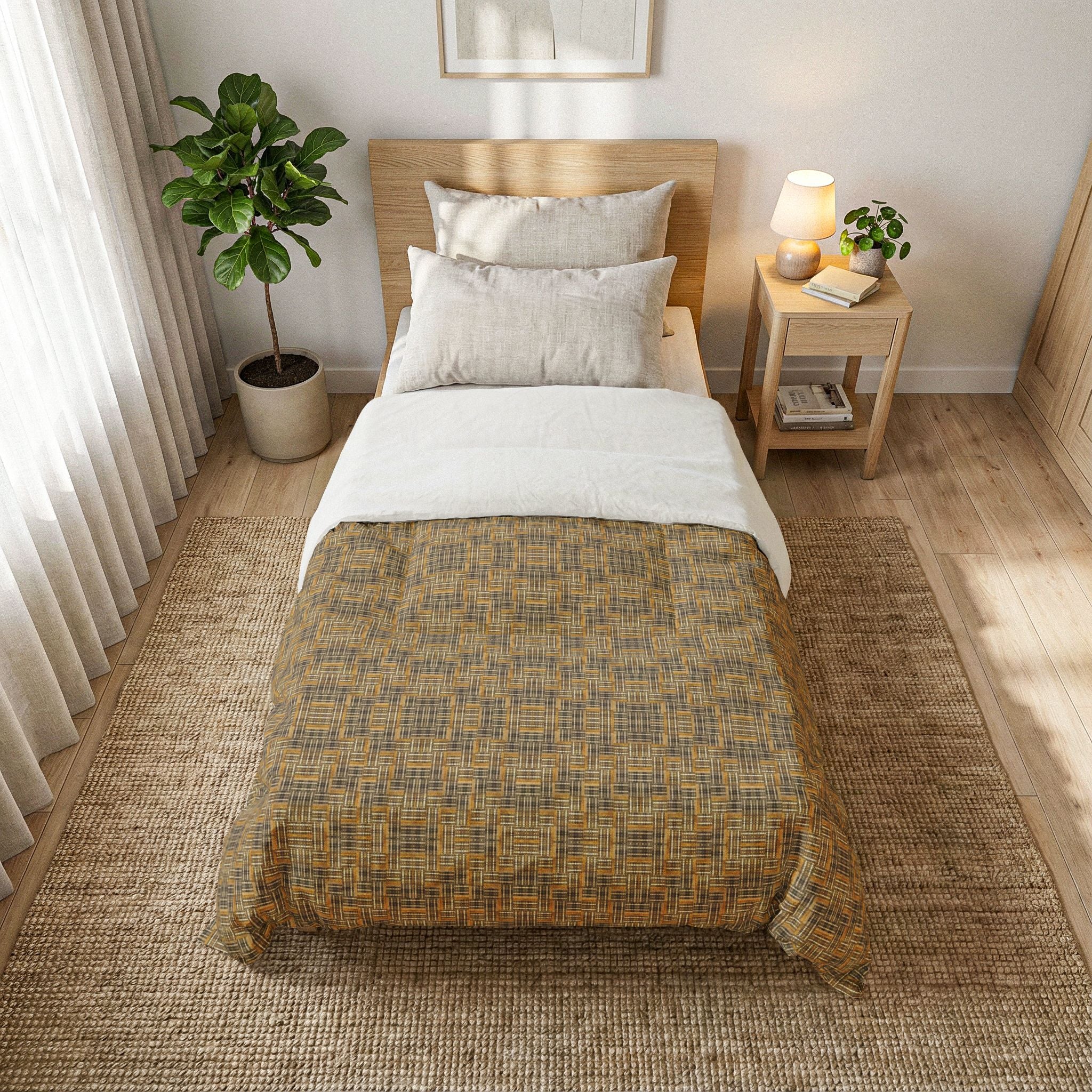"All Things Fall Apart" Woven Plaid Cotton Comforter — Rustic Yellow-Brown Bedspread