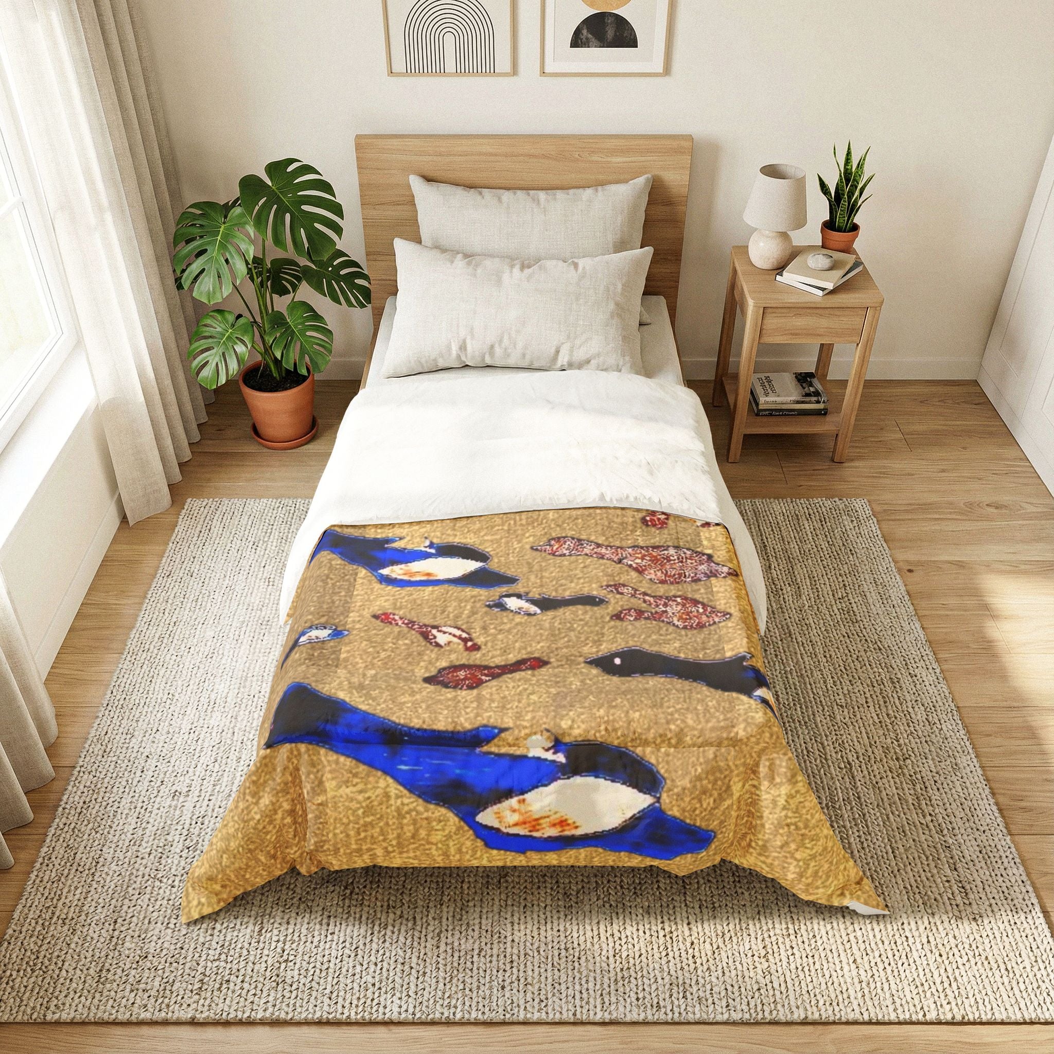 "Fly Me to the Moon" Bird Flock Cotton Comforter – Vintage Gold Blue Waterfowl Throw