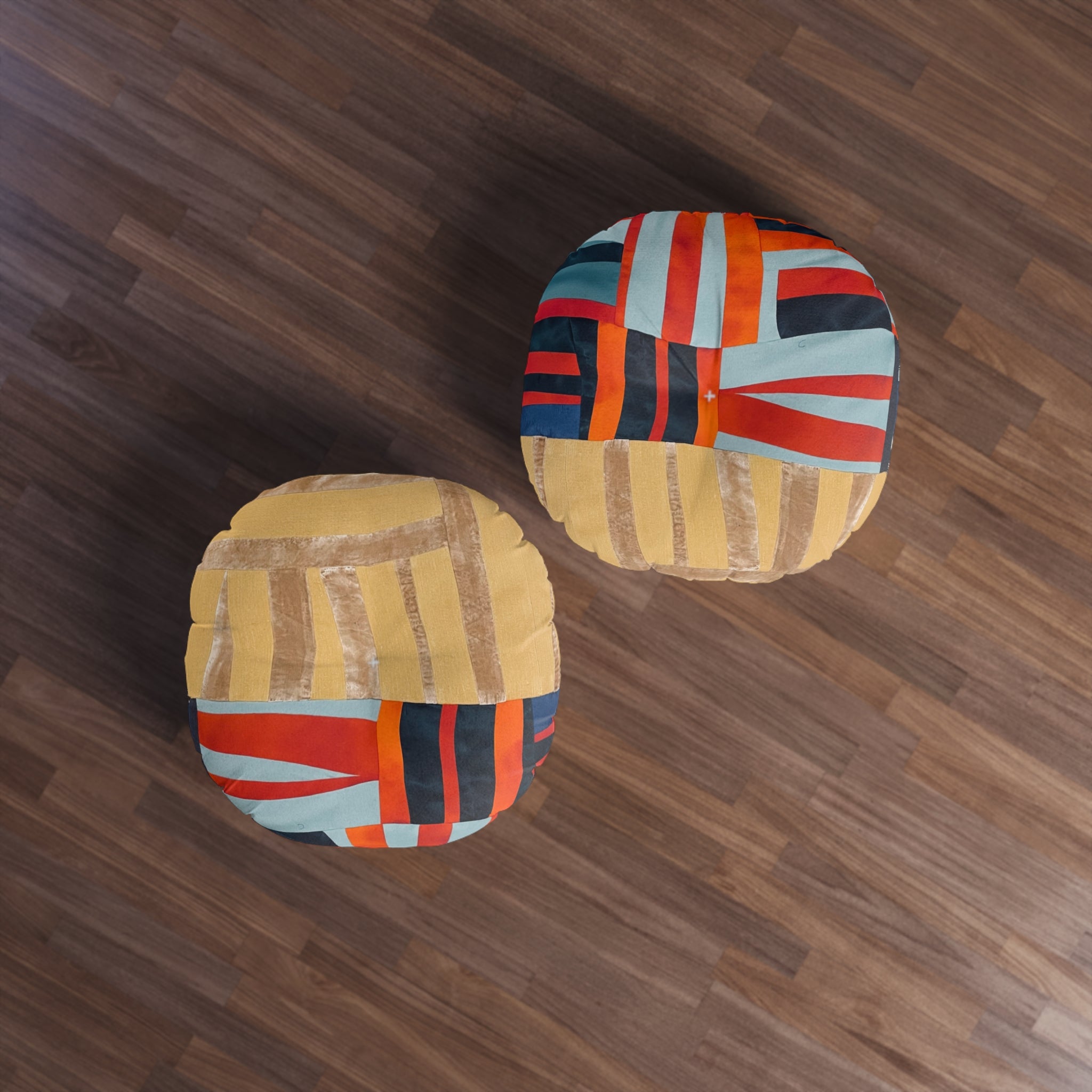 "Hannah and Samuel" Round Tufted Floor Pillow — Retro Geometric Patchwork Cushion