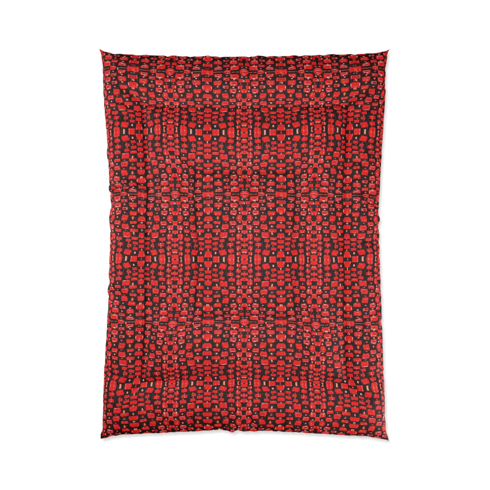 “Japanese Cherry Blossom” Red Mosaic Check Comforter — Modern Geometric Bedspread