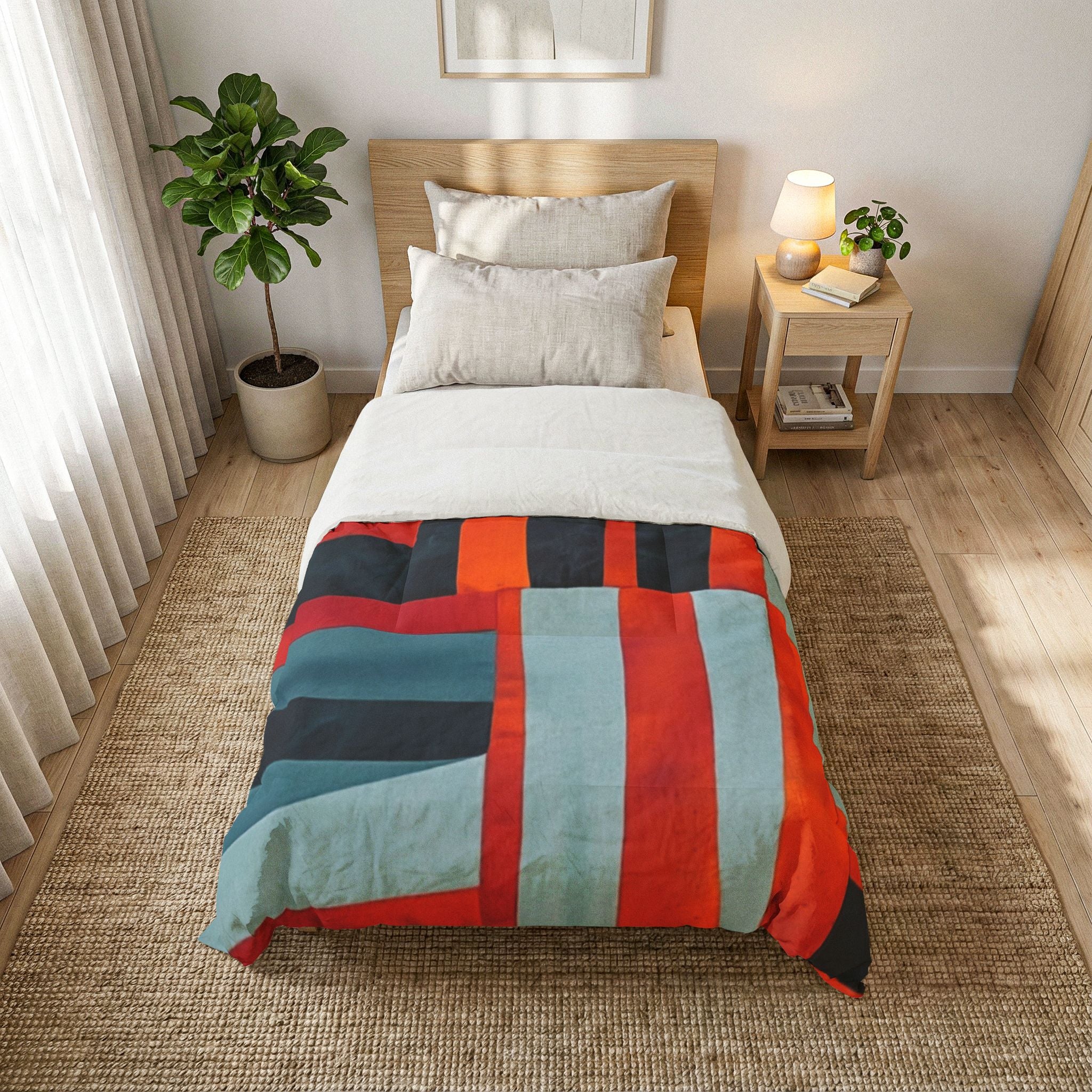 "Samuel" Abstract Geometric Cotton Comforter — Modern Red, Orange & Teal Bedspread