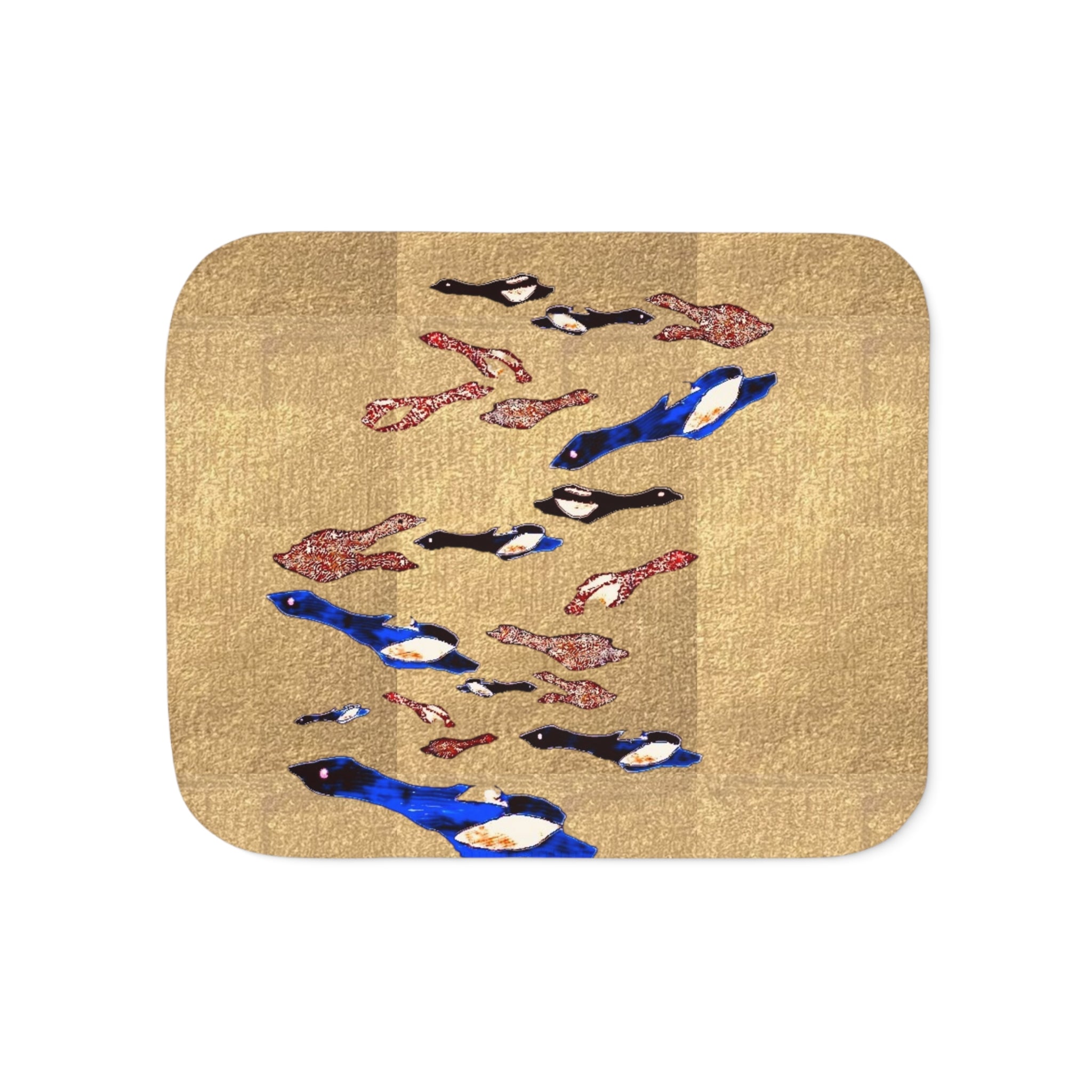 "Fly Me to the Moon" Magpie Flock Sherpa Blanket — Cozy Beige Throw with Blue Bird Motif