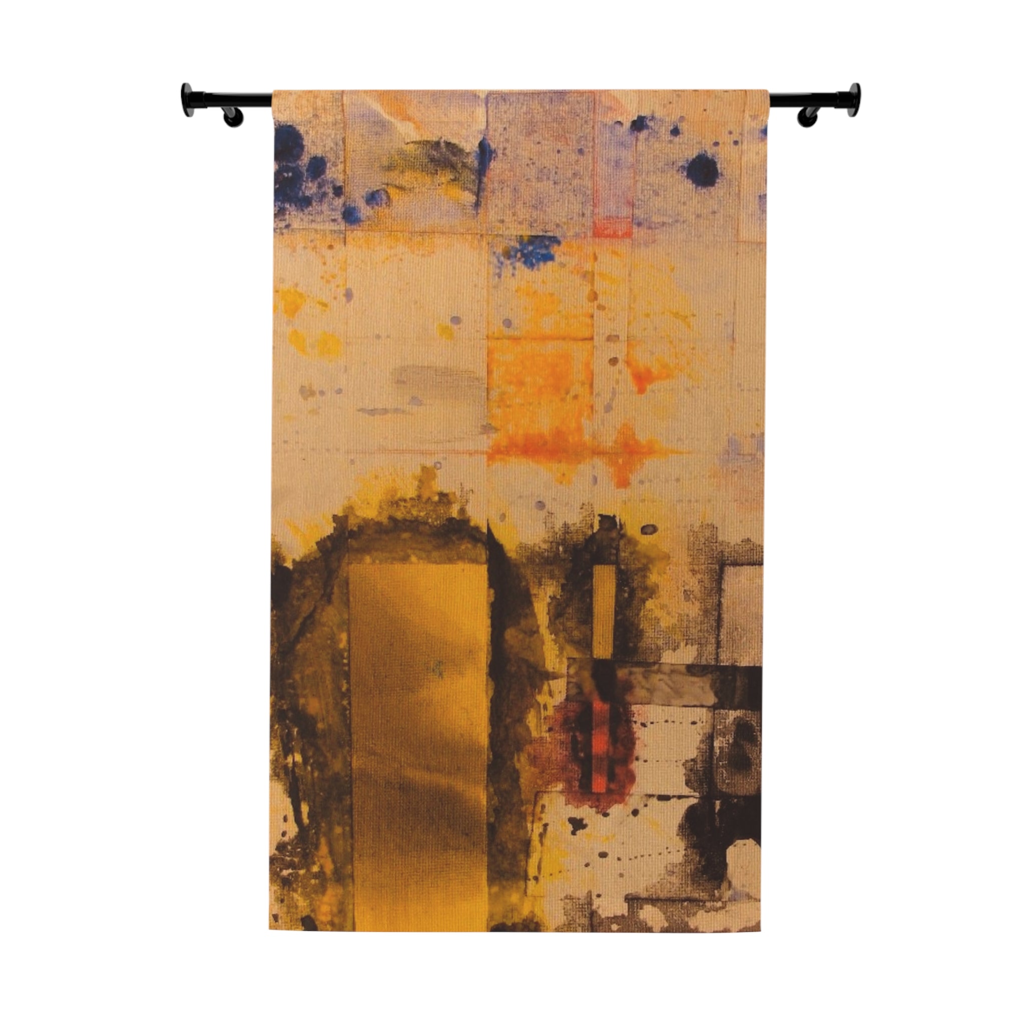 "Dance in the Rain" Abstract Gold & Ochre Window Curtain — Modern Art Panel Drapery