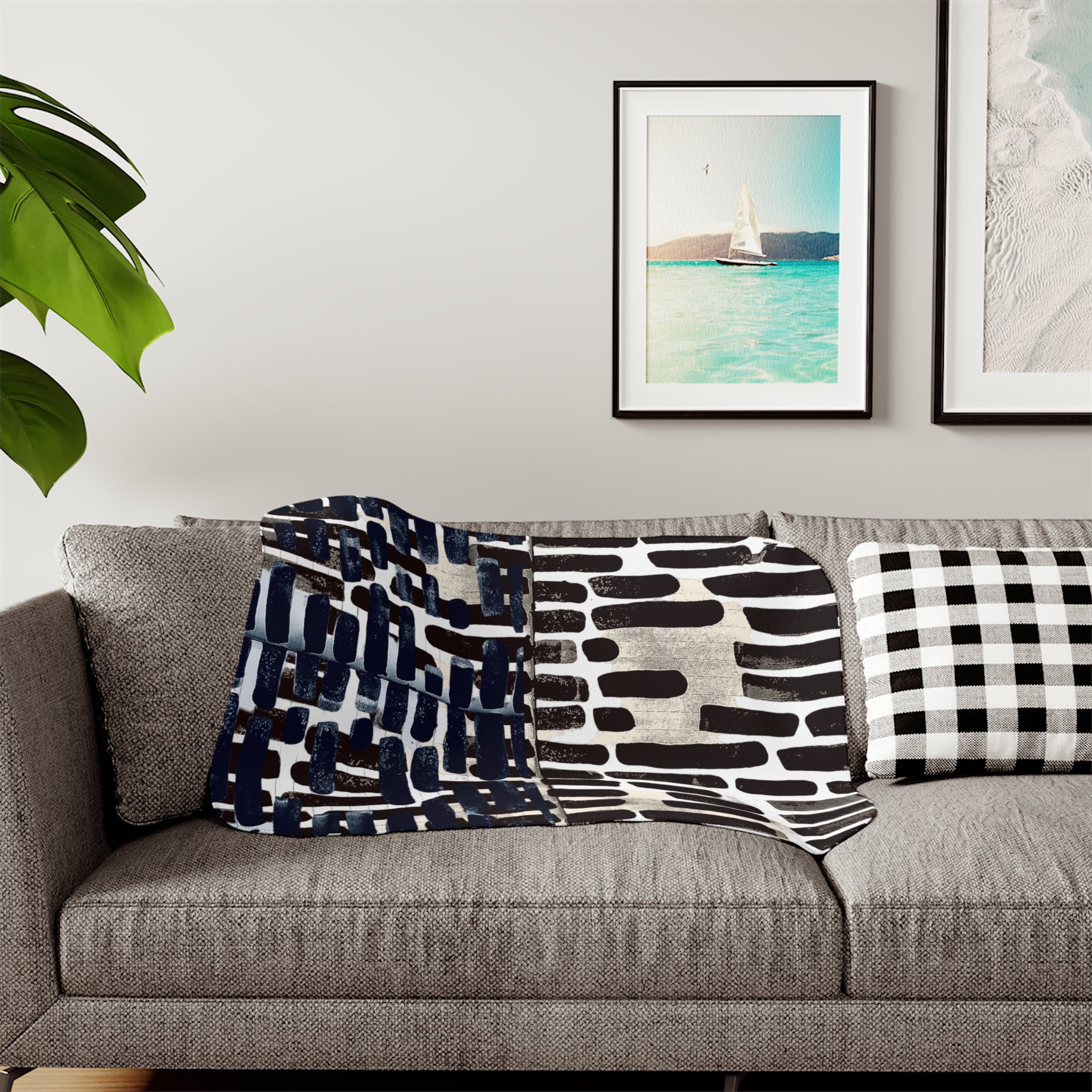 "Only My Notebook Knows How I Feel, My Heart Is On Every Page" Abstract Brushstroke Sherpa Blanket — Reversible Neutral Navy & Cream Cozy Throw