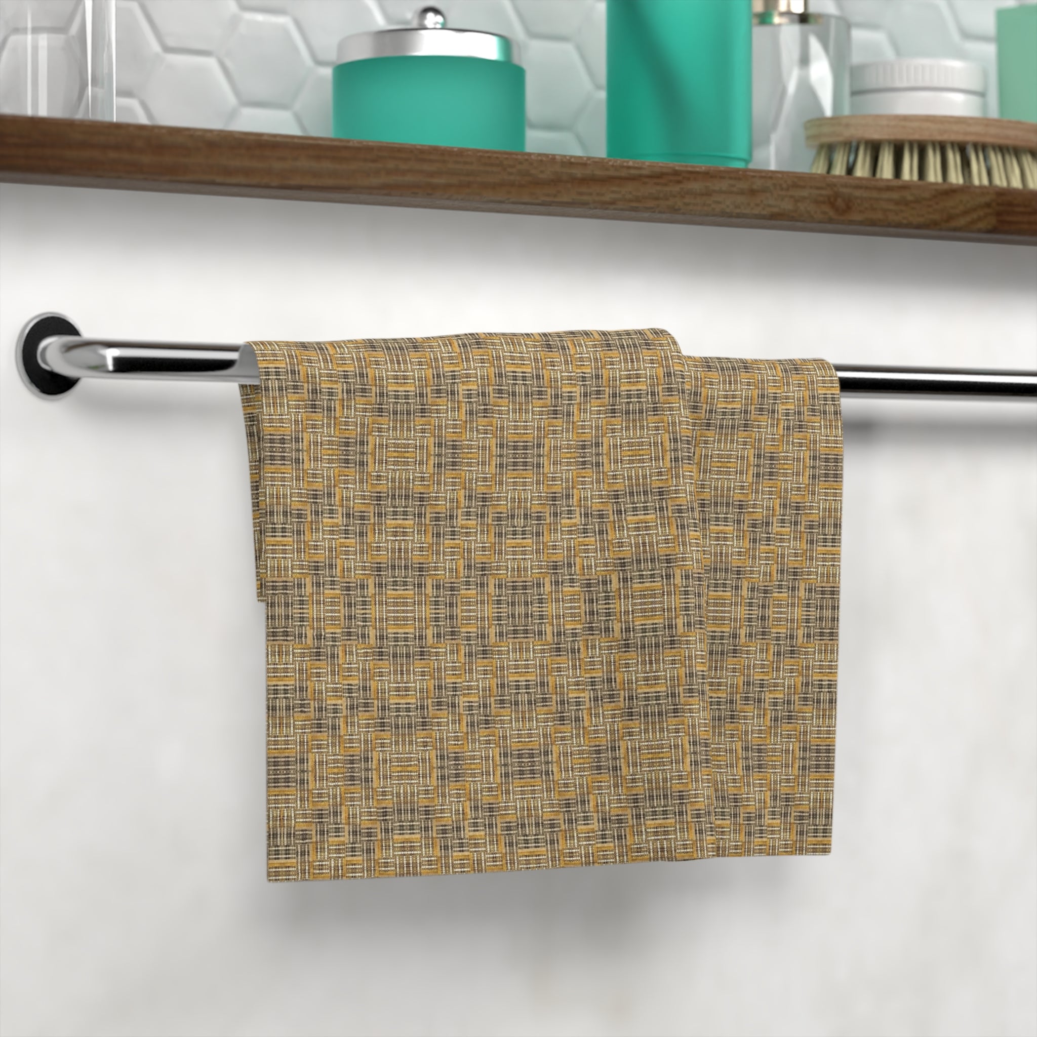 "All Things Fall Apart" Woven Plaid Face Towel – Rustic Tan Grid Cotton Washcloth