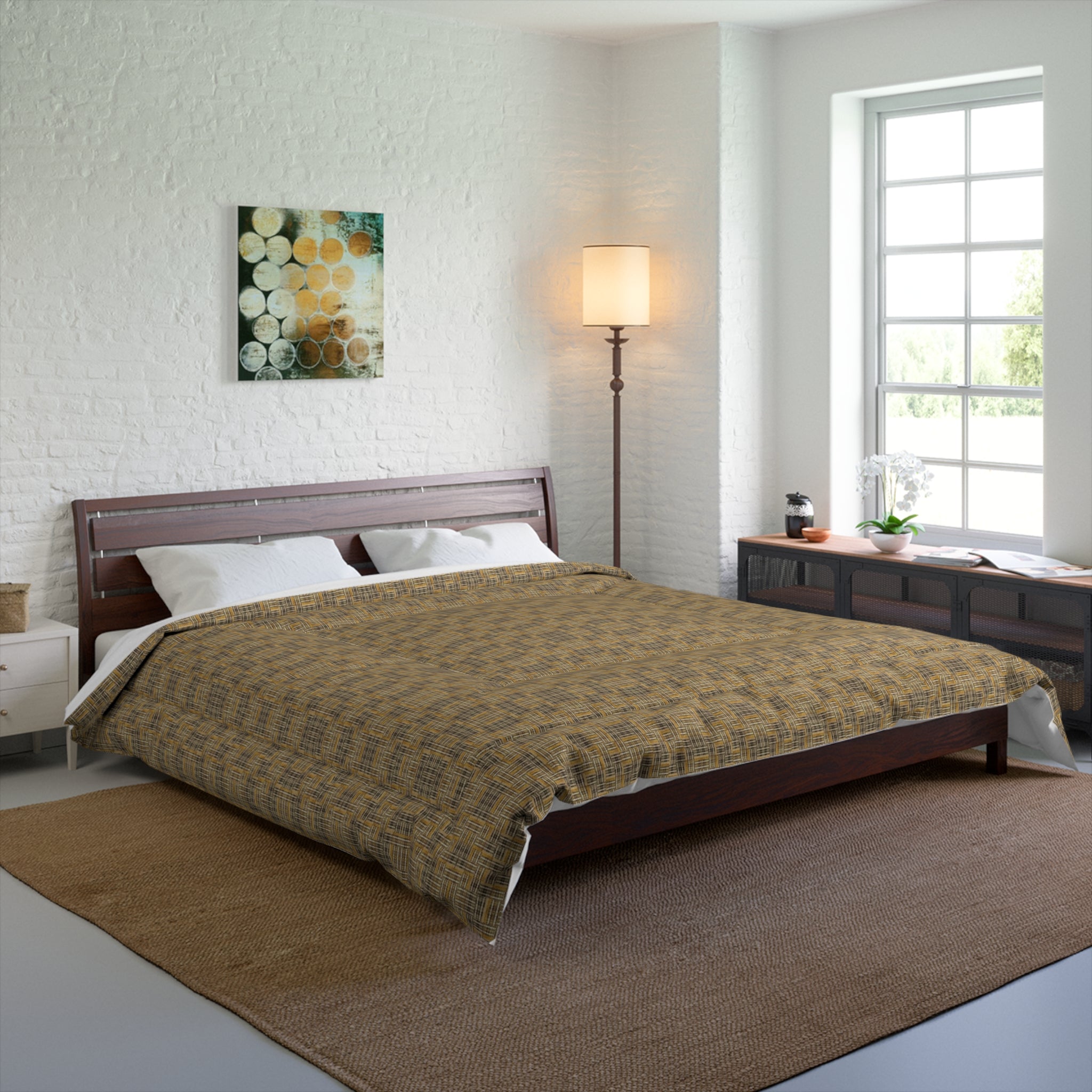 "All Things Fall Apart" Woven Plaid Comforter — Rustic Brown Geometric Check Bedding