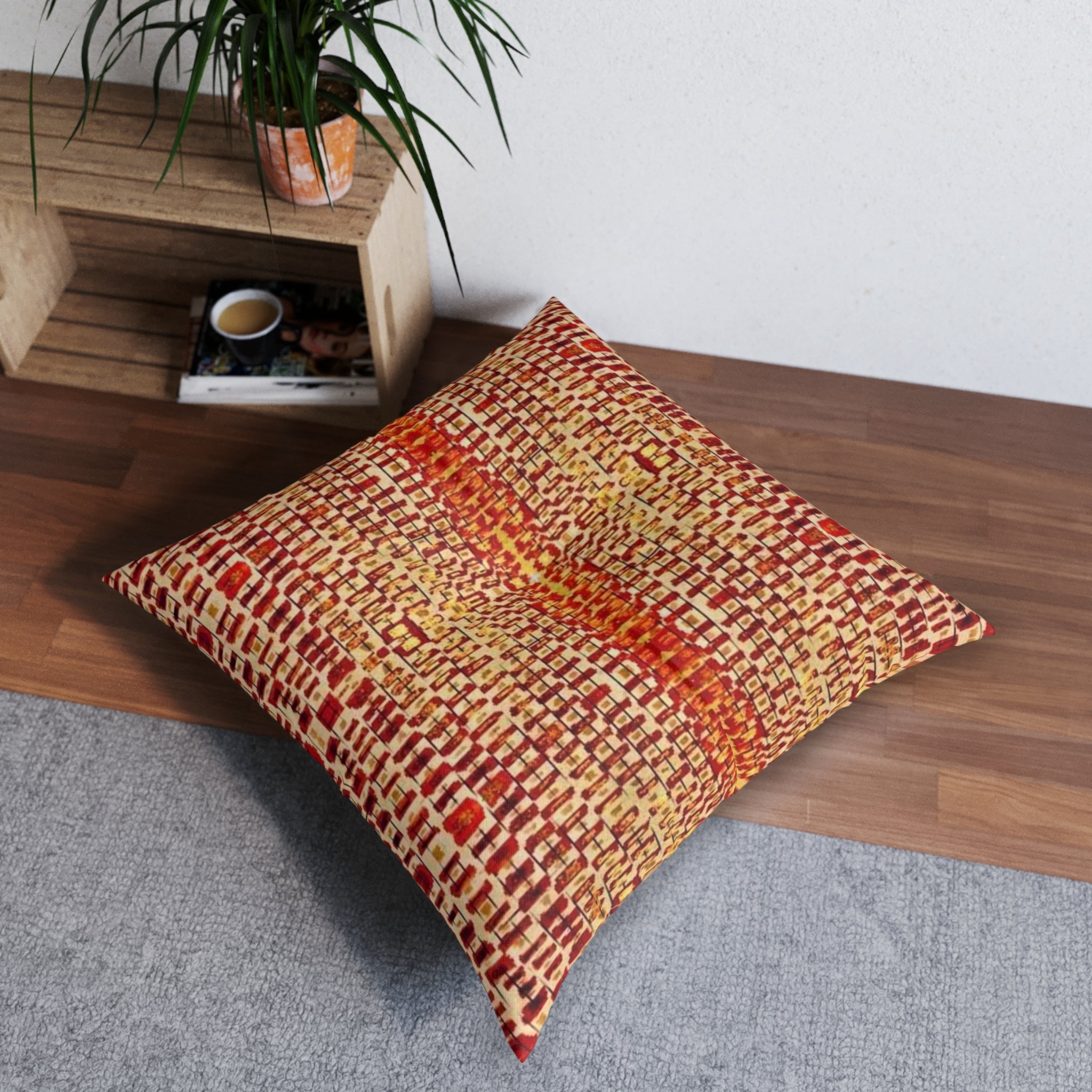 "Queen Mother" Gold and Bronze Boho Woven Stripe Tufted Floor Pillow — Warm Rust & Gold Square Cushion