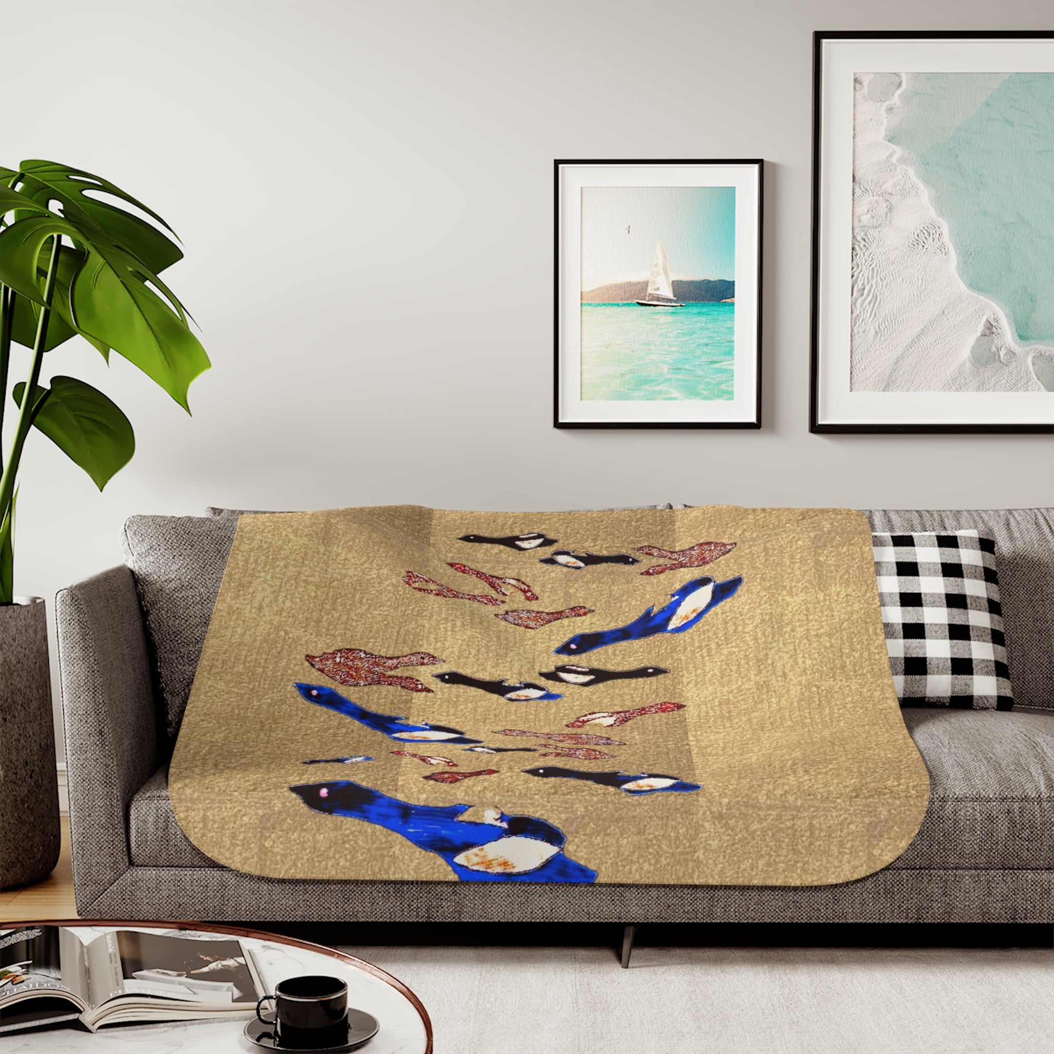 "Fly Me to the Moon" Magpie Flock Sherpa Blanket — Cozy Beige Throw with Blue Bird Motif