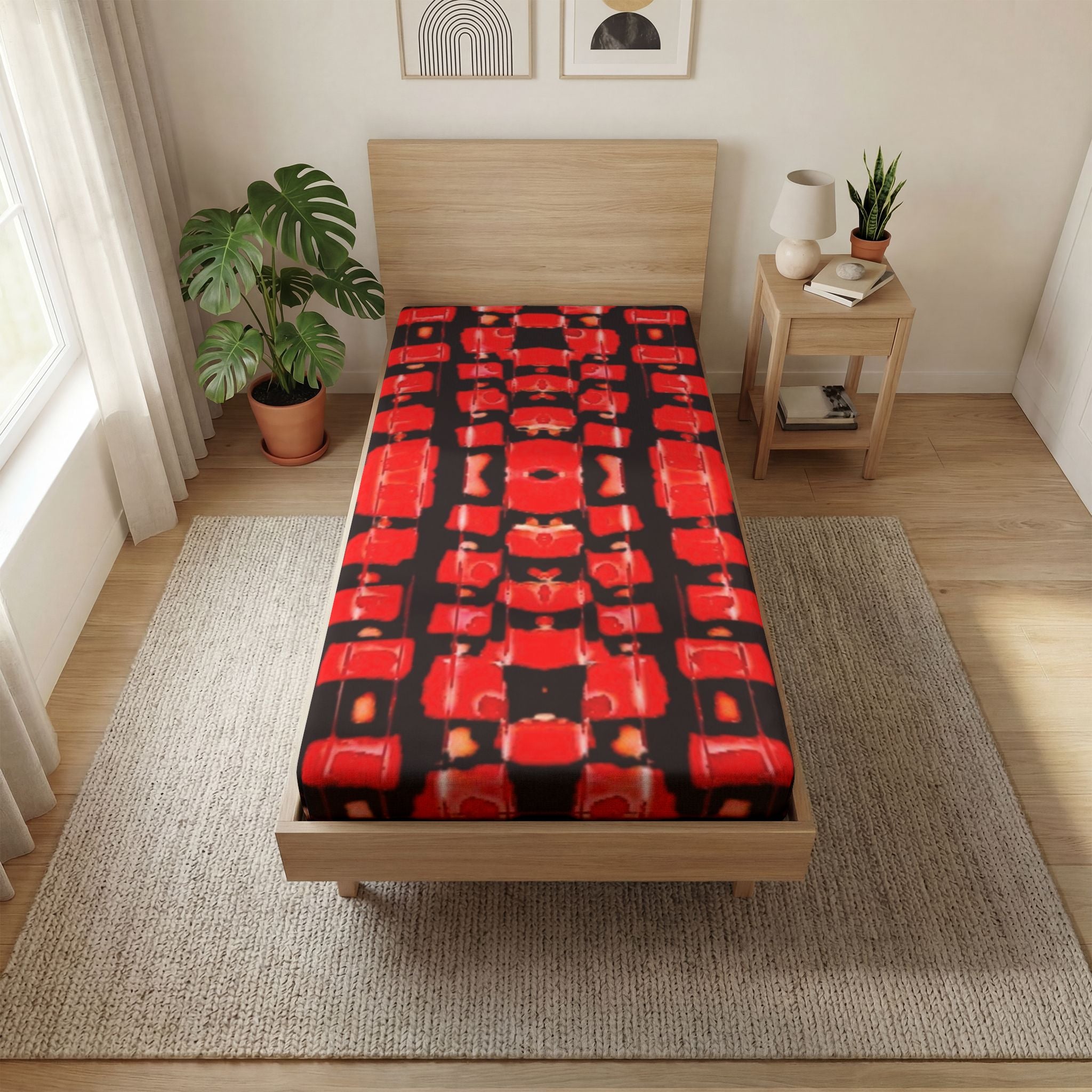 "Japanese Cherry Blossom" Red Geometric Kaleidoscope Fitted Sheet — Bold Abstract AOP Bed Linen