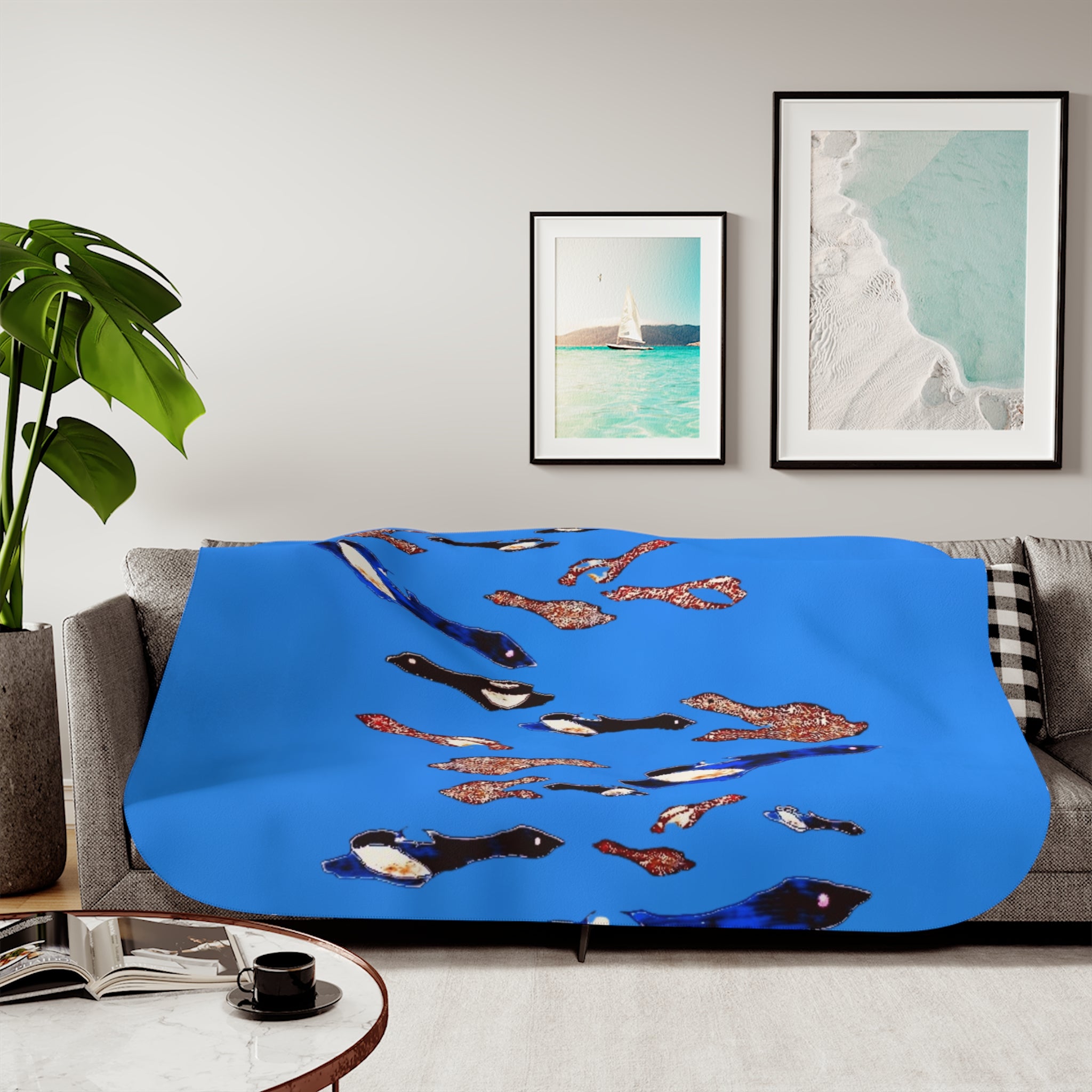 "Fly Me to the Moon" Birdies Parade Sherpa Blanket — Cozy Blue Animal Print Throw