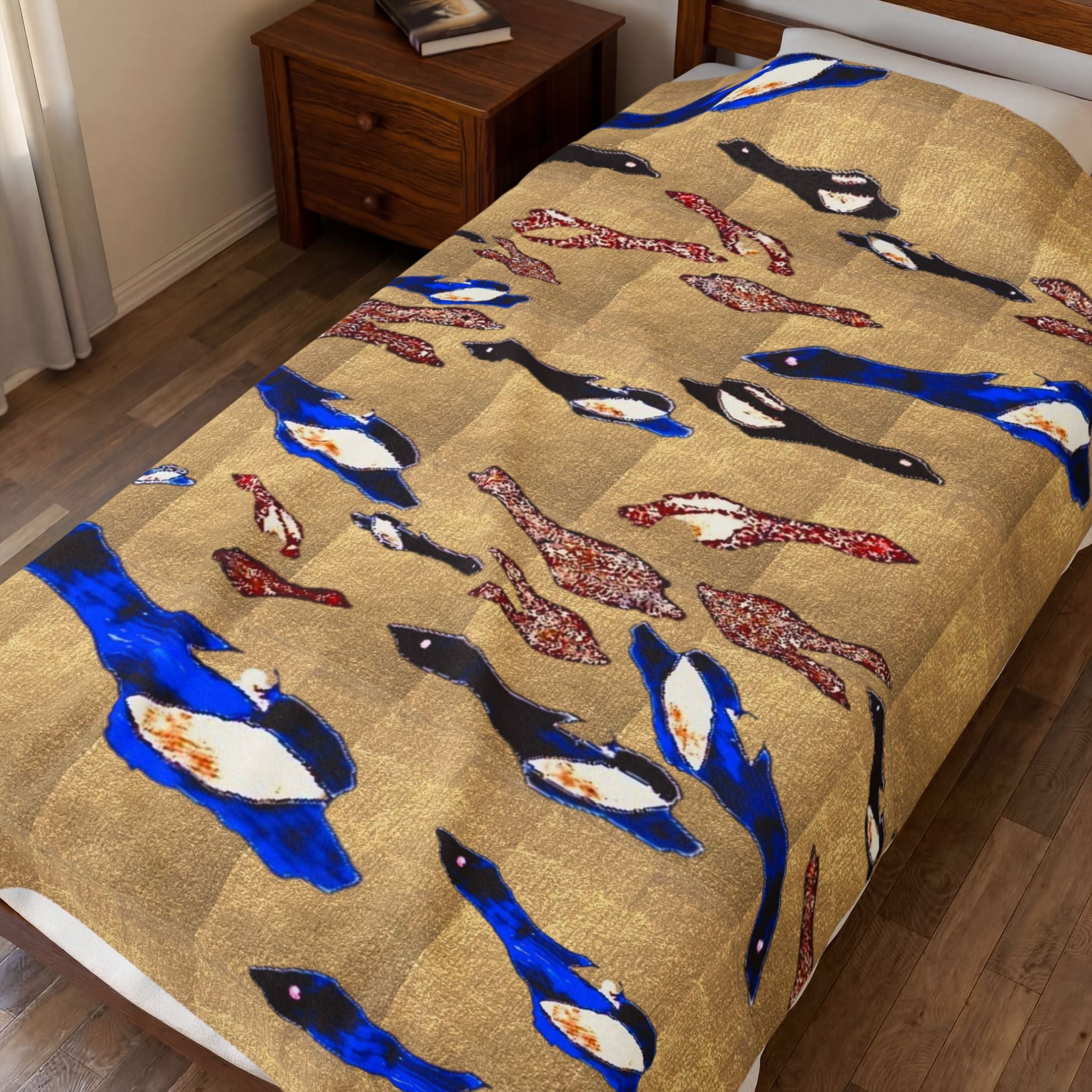 "Fly Me to the Moon" Velveteen Plush Blanket – Blue & Gold Fish School Design, Cozy Nautical Throw