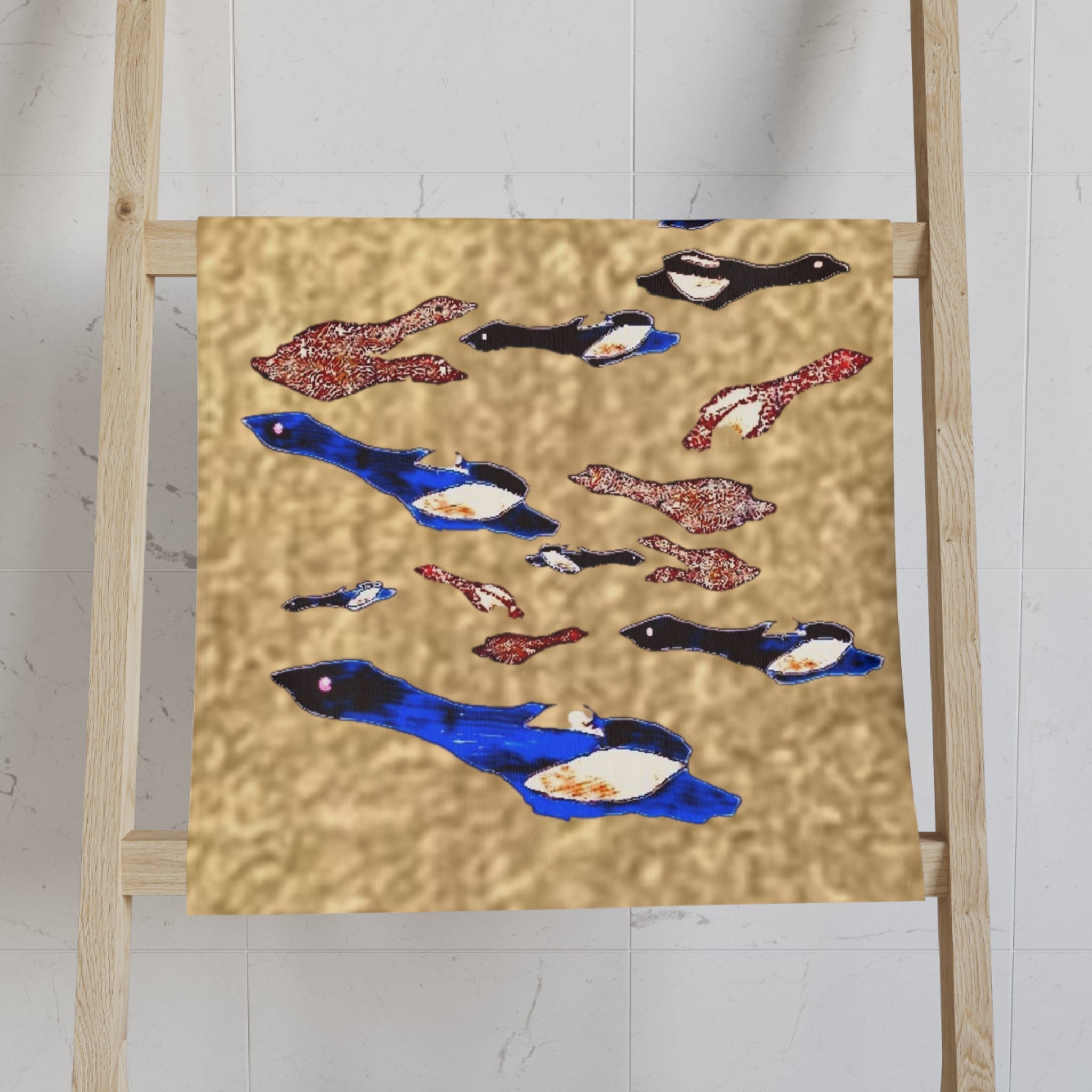 "Fly Me to the Moon" Flock Hand Towel — Blue, Gold, and Brown Waterfowl Kitchen Towel