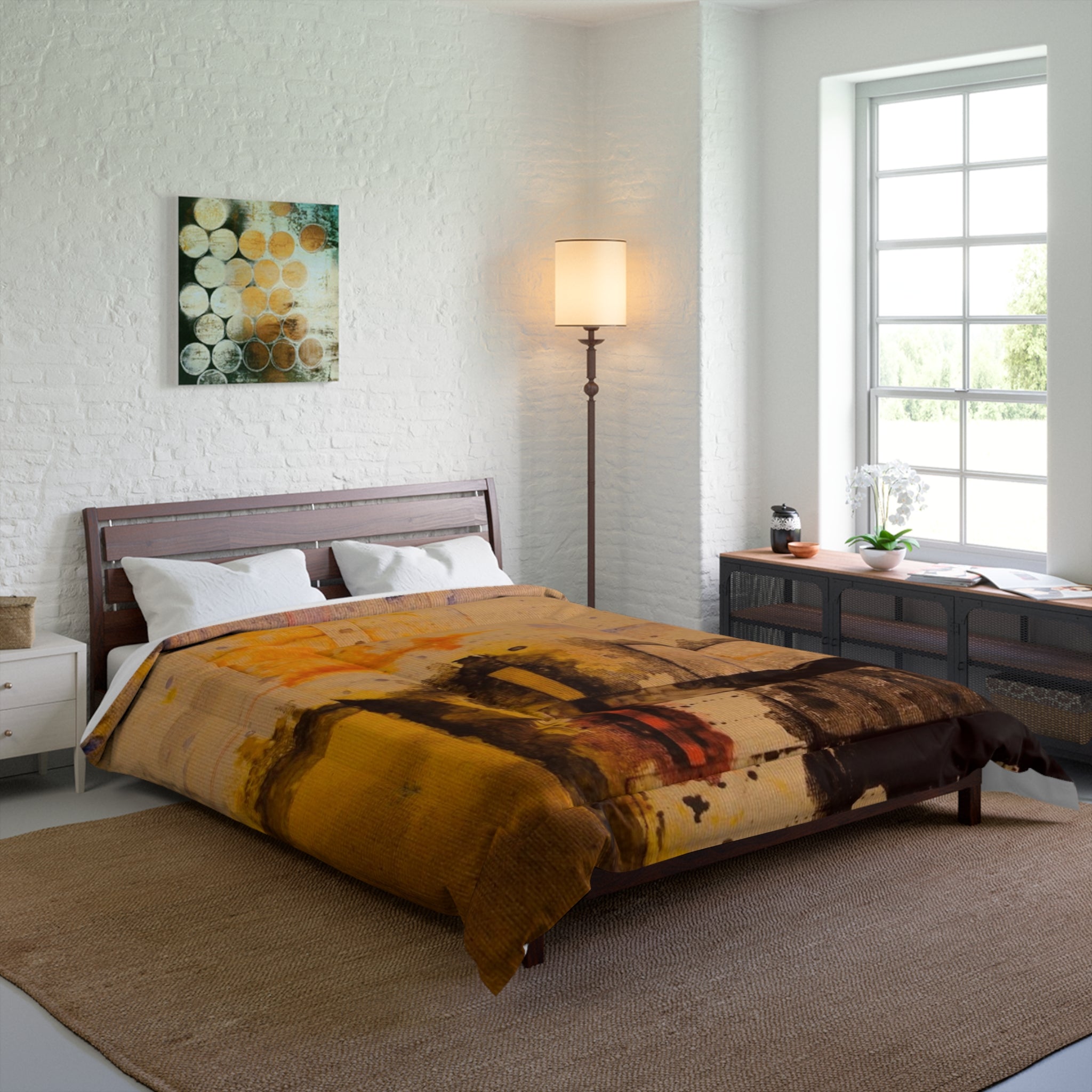 "Dance in the Rain" Abstract Ochre Art Comforter – Warm Yellow Modern Bedding