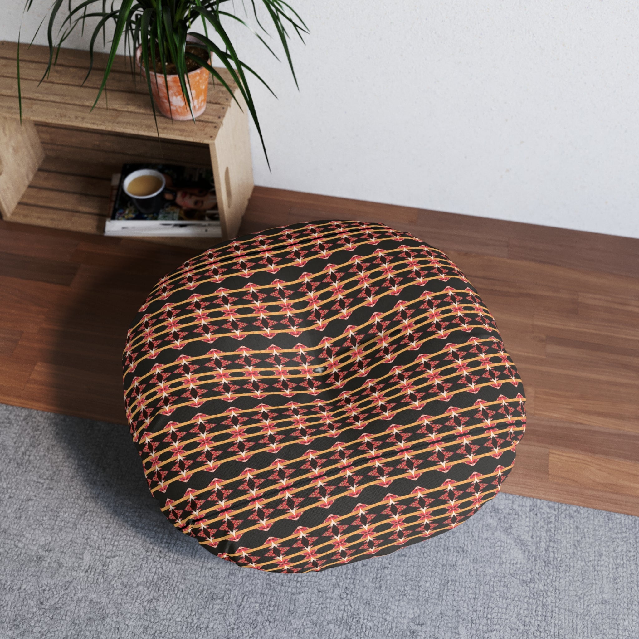 "Native America Now" Round Tufted Floor Pillow — Boho Retro Geometric Pattern