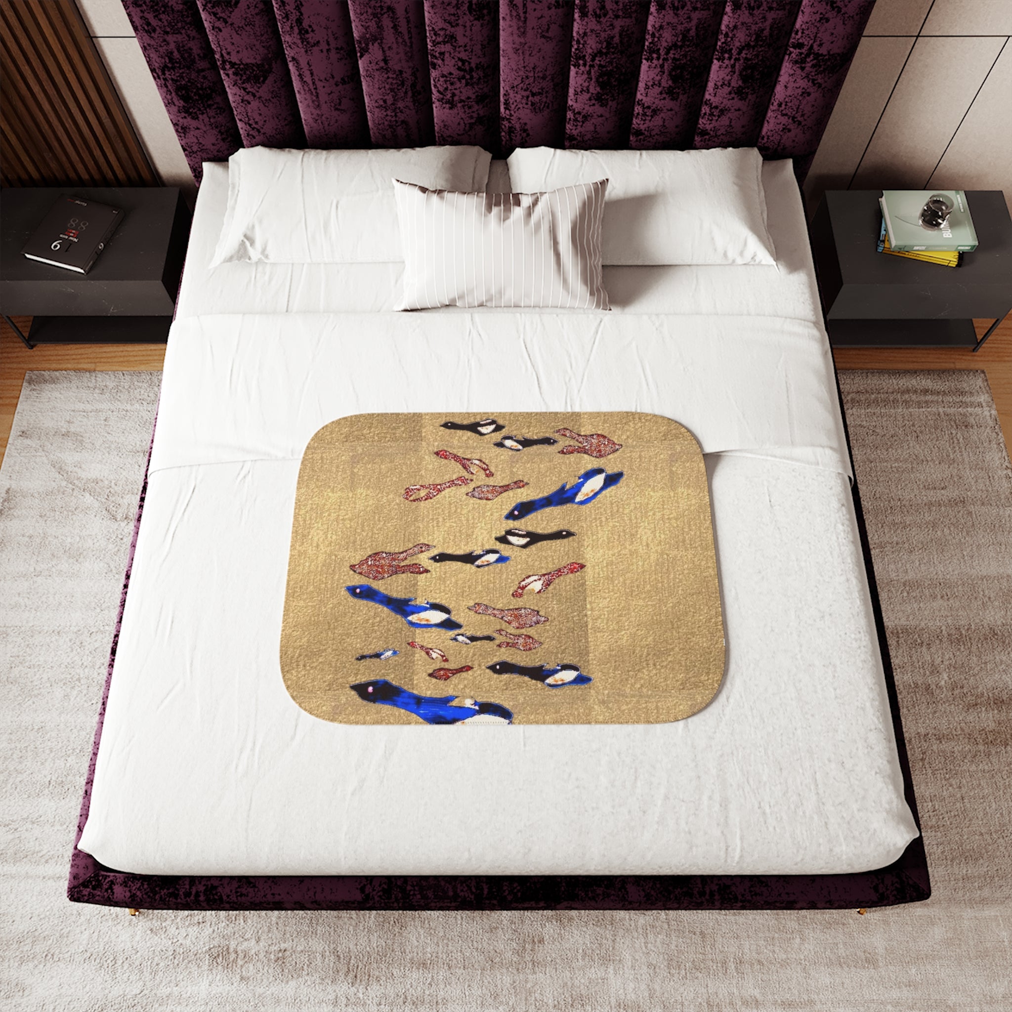 "Fly Me to the Moon" Magpie Flock Sherpa Blanket — Cozy Beige Throw with Blue Bird Motif