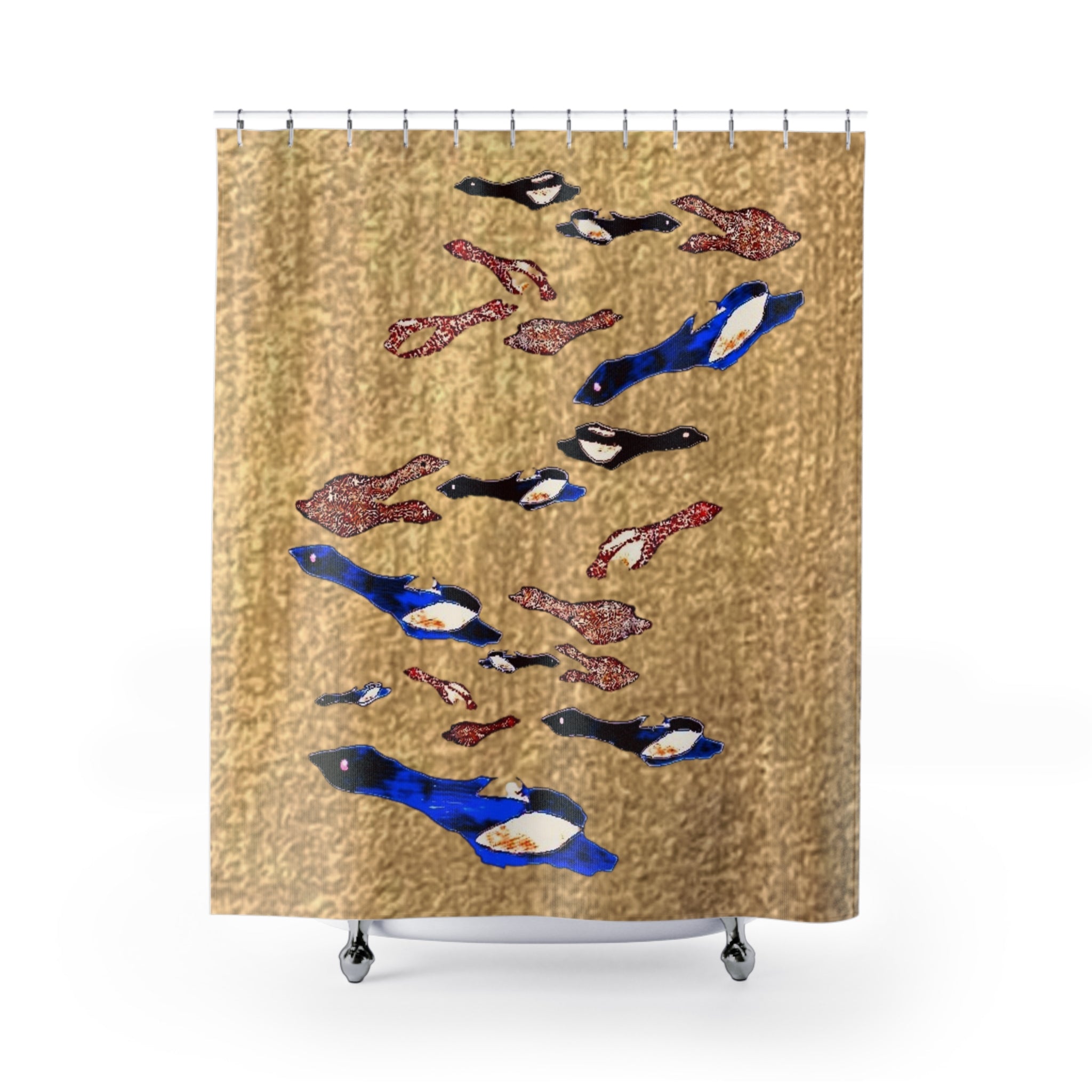 "Fly Me to the Moon" Gold Shower Curtain — Blue & Copper Nautical Bathroom Decor