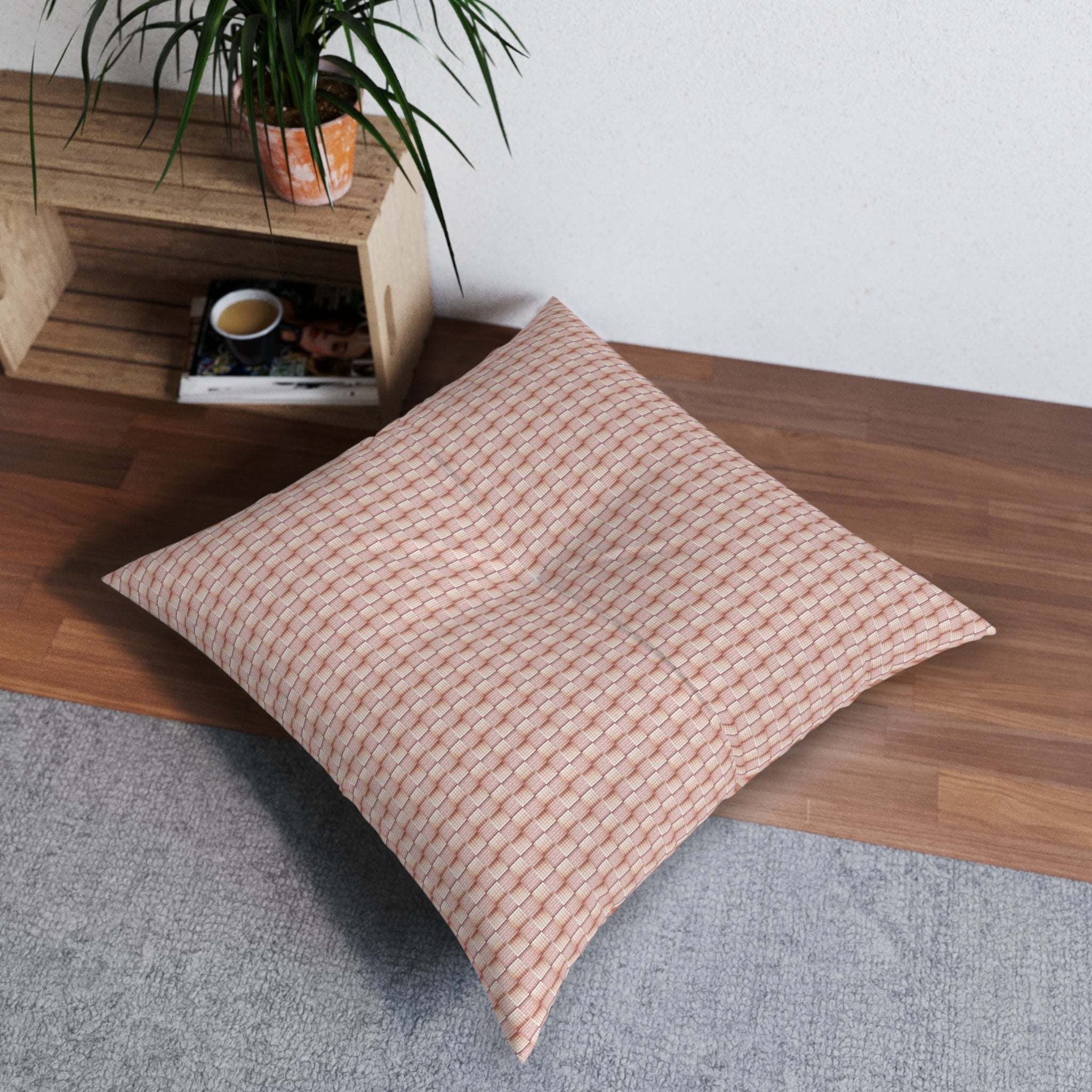 "Grandma Rose" Pink Blush Woven Texture Tufted Floor Pillow — Square Decorative Cushion