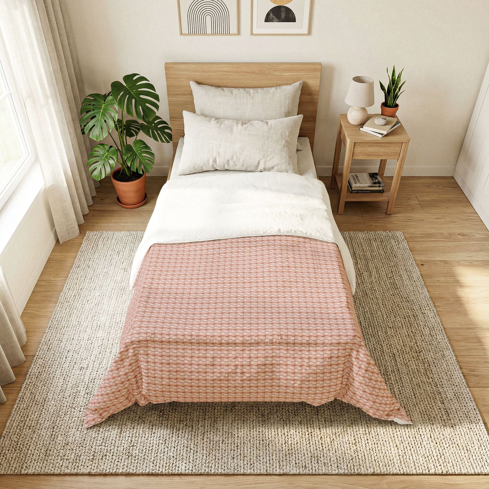 "Grandma Rose" Blush Pink Houndstooth Cotton Comforter – Soft Quilted Bedspread for Modern Cozy Bedrooms