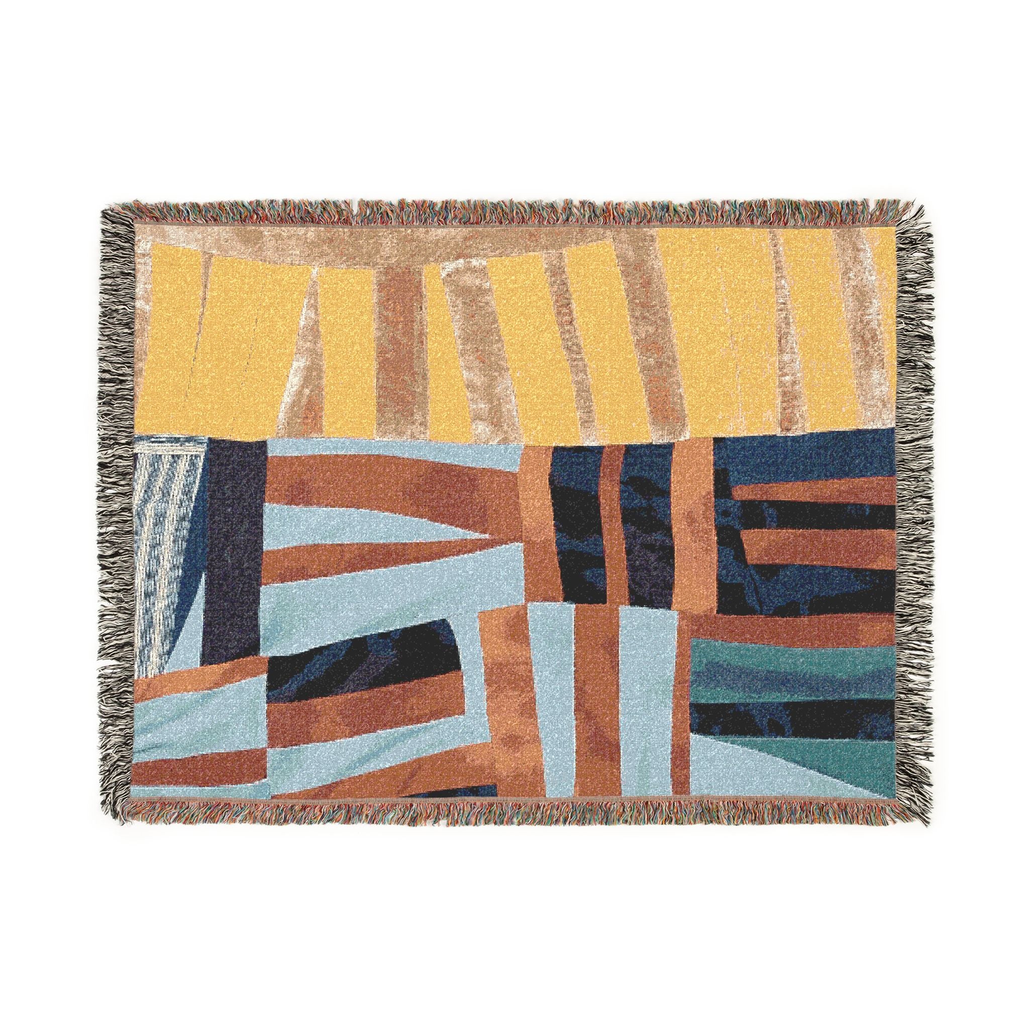 "Hannah and Samuel" Yellow, Blue, Orange, Red Orange, Velvet Quilt Block Abstract Geometric Woven Blanket — Modern Patchwork Throw