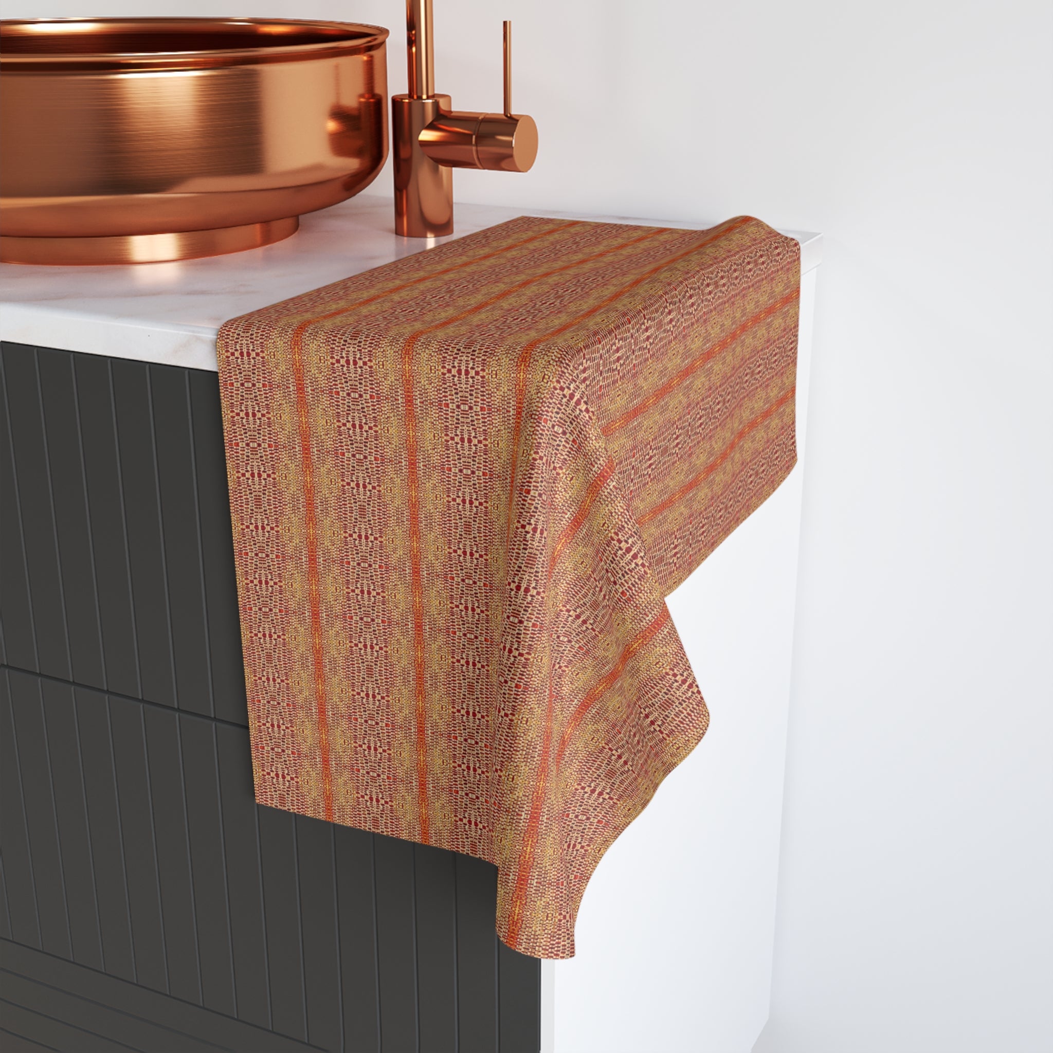 "Queen Mother" Hand Towel — Rustic Autumn Stripe Kitchen Towel (Warm Orange, Boho Pattern)