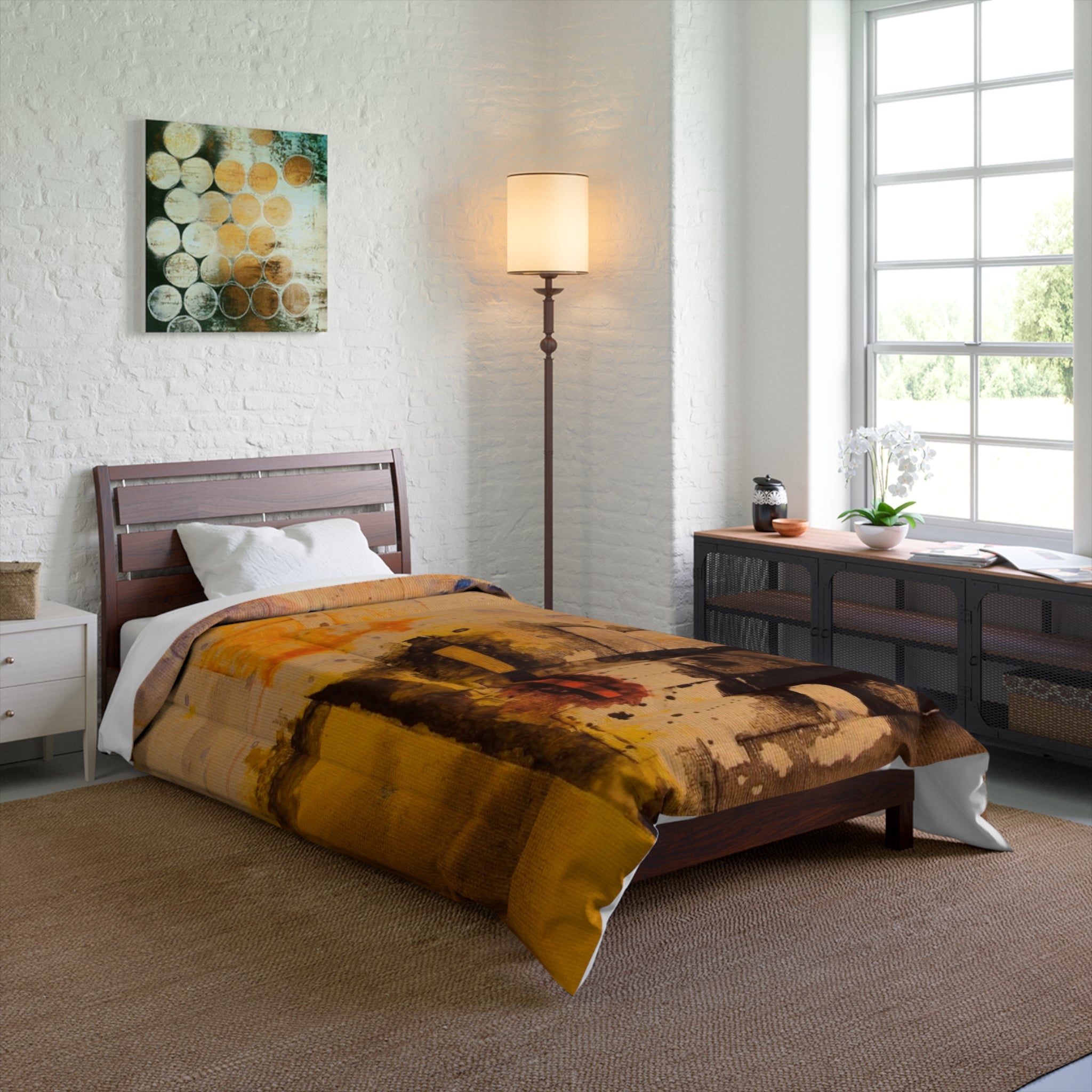 "Dance in the Rain" Abstract Ochre Art Comforter – Warm Yellow Modern Bedding