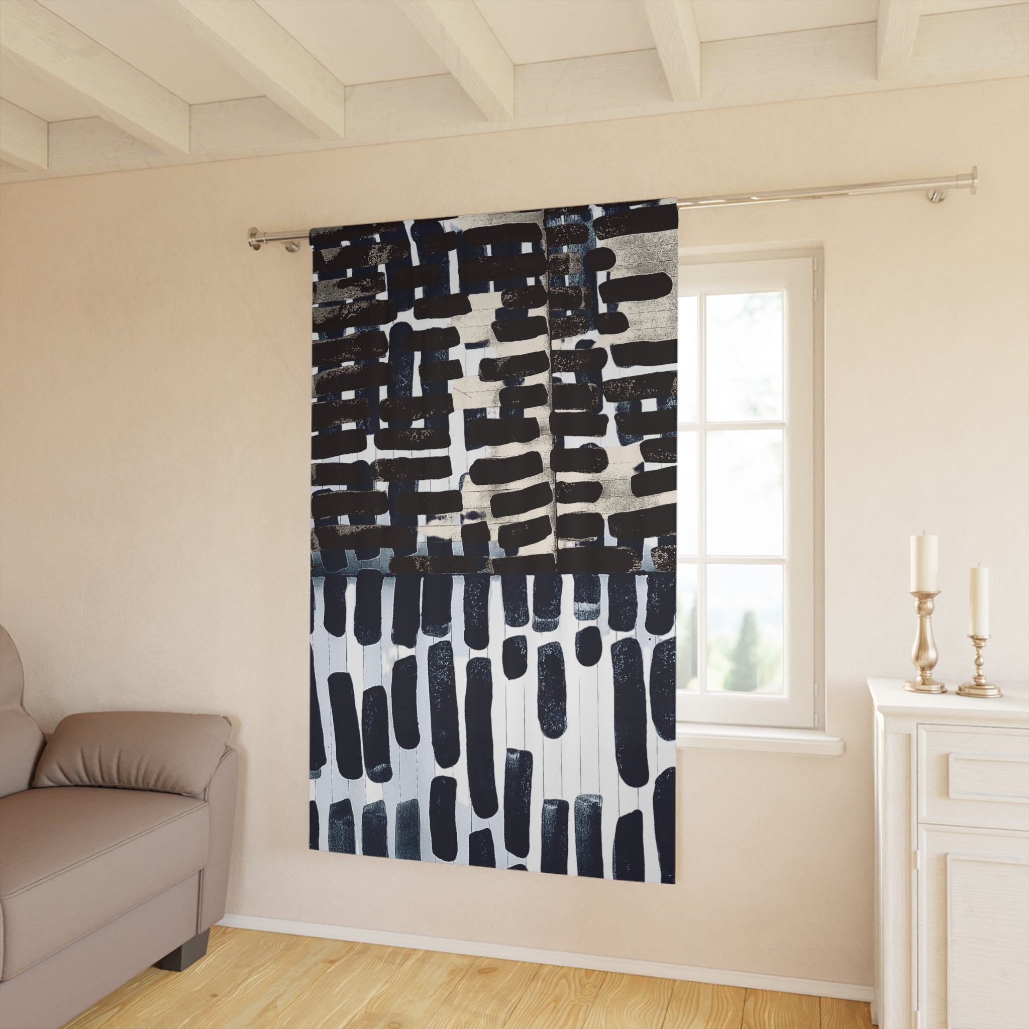 "Only My Notebook Knows How I Feel, My Heart Is On Every Page" Abstract Ink Brushstroke Curtain Panel — Modern Black & White Window Drape