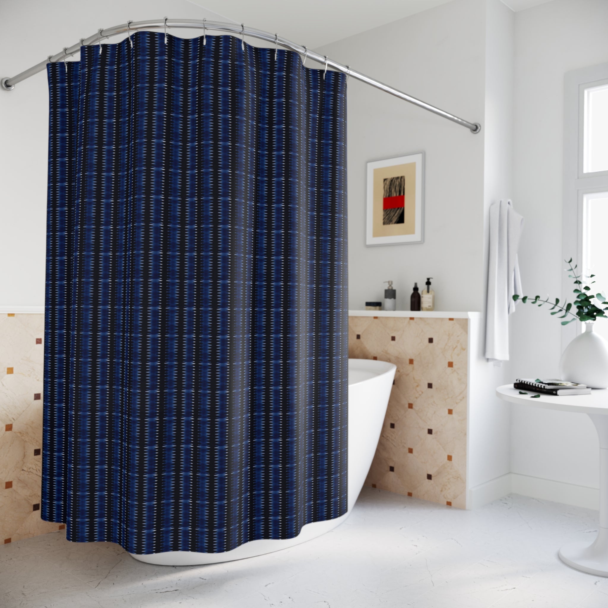 "Mississippi Midnight: Lovely Banjo Blues" Navy Blue Plaid Shower Curtain — Modern Geometric Bathroom Decor