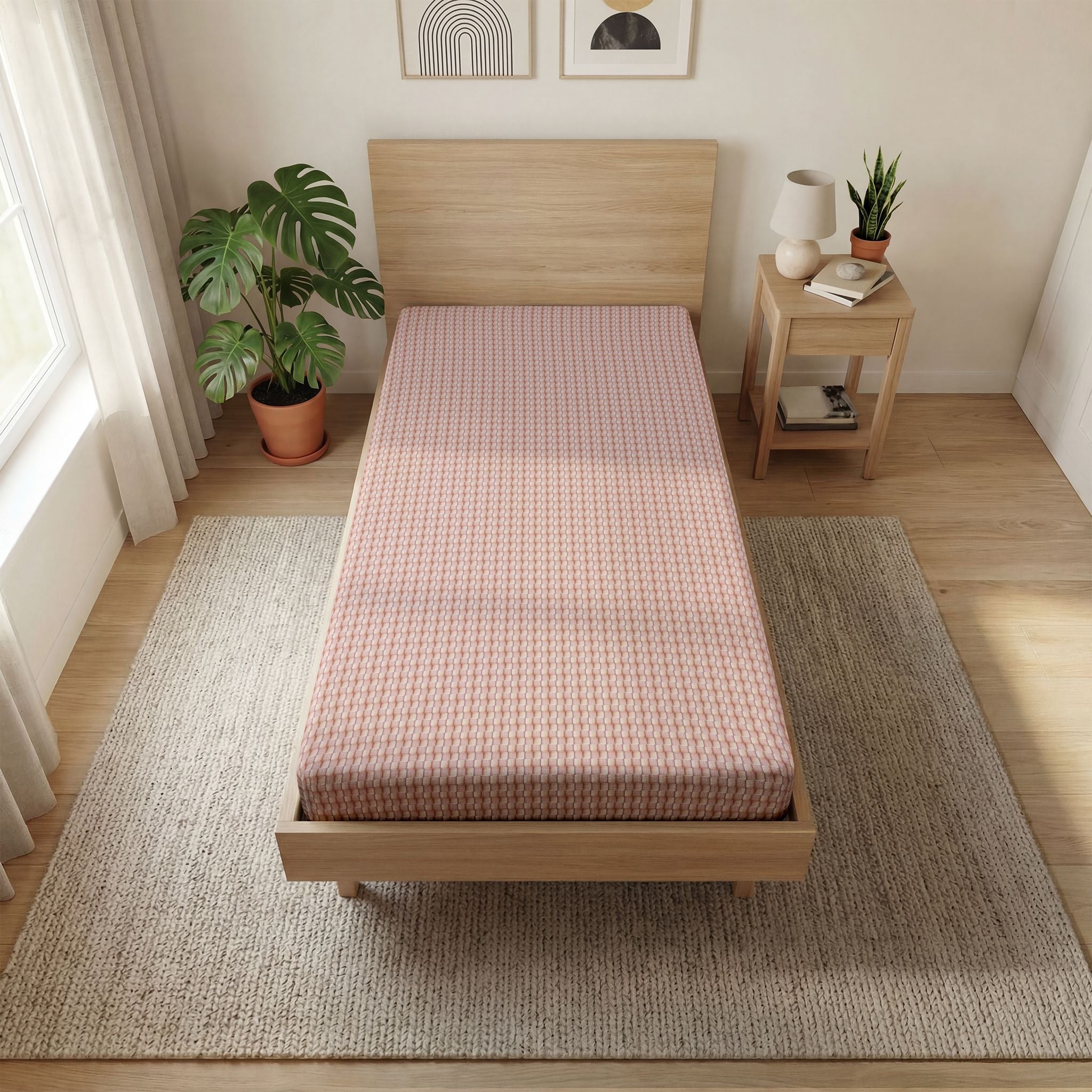 "Grandma Rose" Pink Blush Waffle Texture Fitted Sheet — Soft Cotton-Feel Mattress Cover